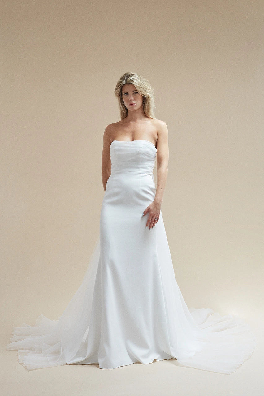 Rime Arodaky Sky White Bardot Wedding Gown Bridal
