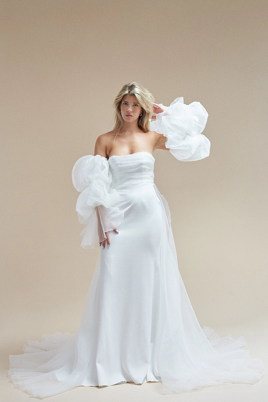 Rime Arodaky Sky White Bardot Wedding Gown with Sleeves Bridal