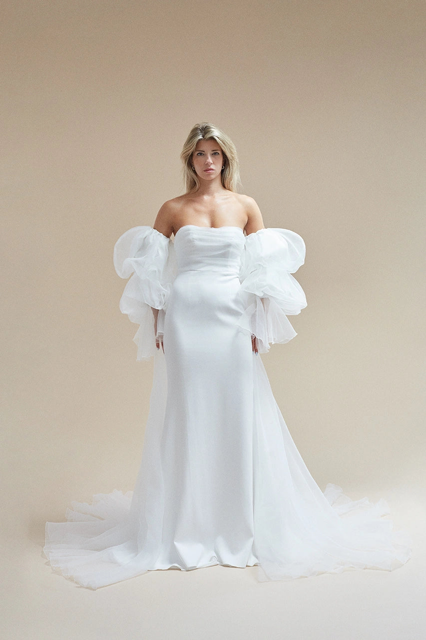 Rime Arodaky Sky White Bardot Wedding Gown with Sleeves Bridal