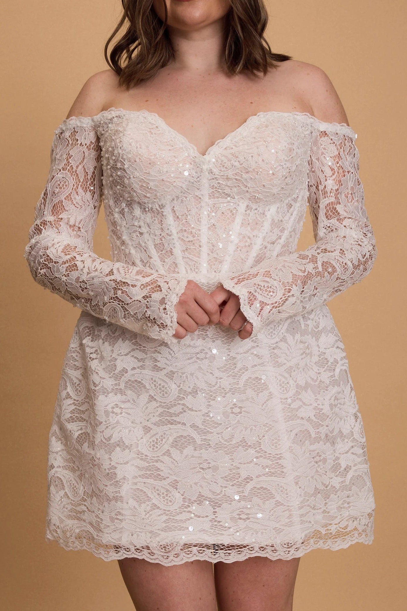 Rosie Etienne Anna dress, white mini dress, long sleeved lace and sequin dress, hen party dress, engagement dress, second look dress