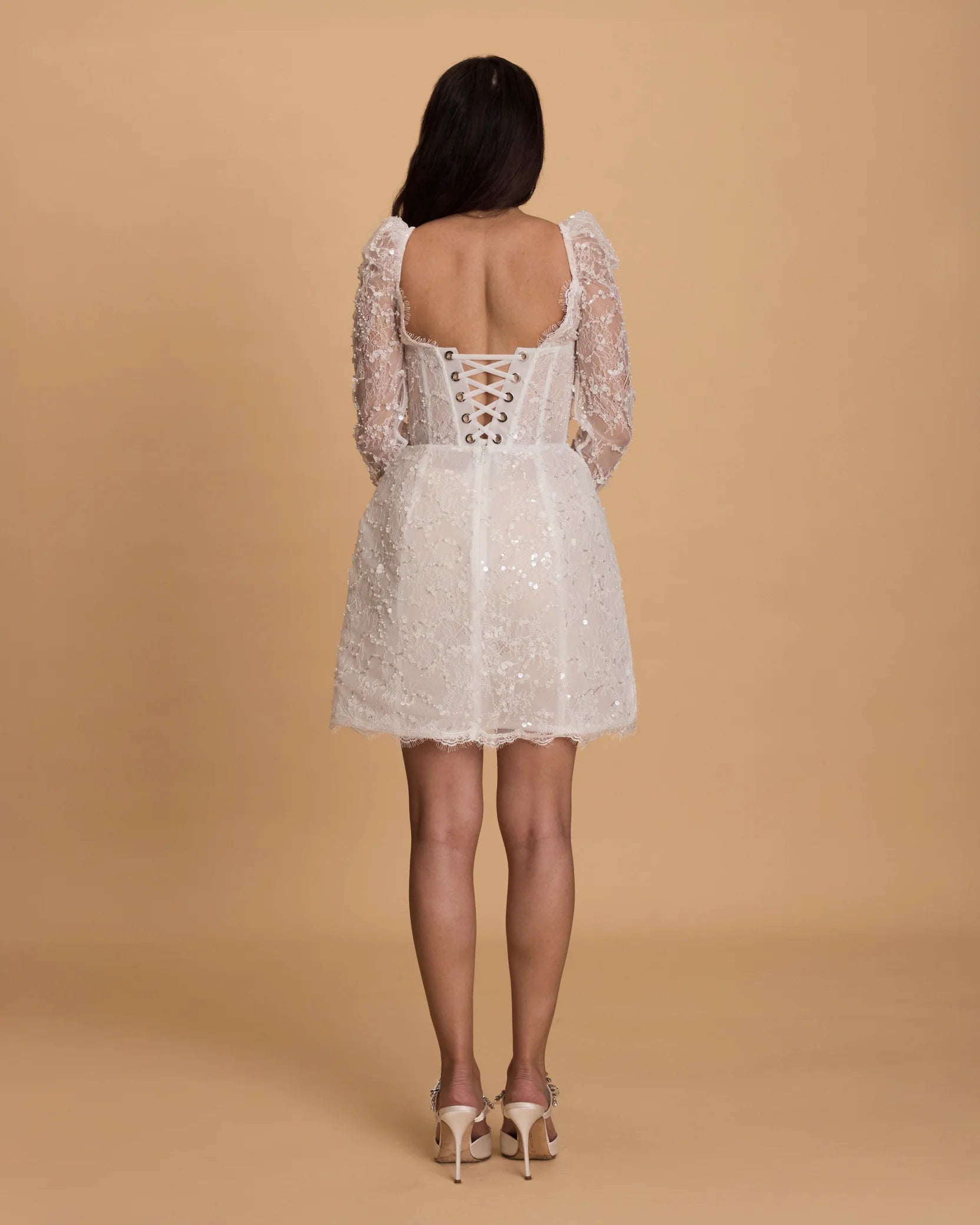 Rosie Etienne Charlotte, white beaded and sequin long sleeve corset mini dress, second look dress, hen party dress