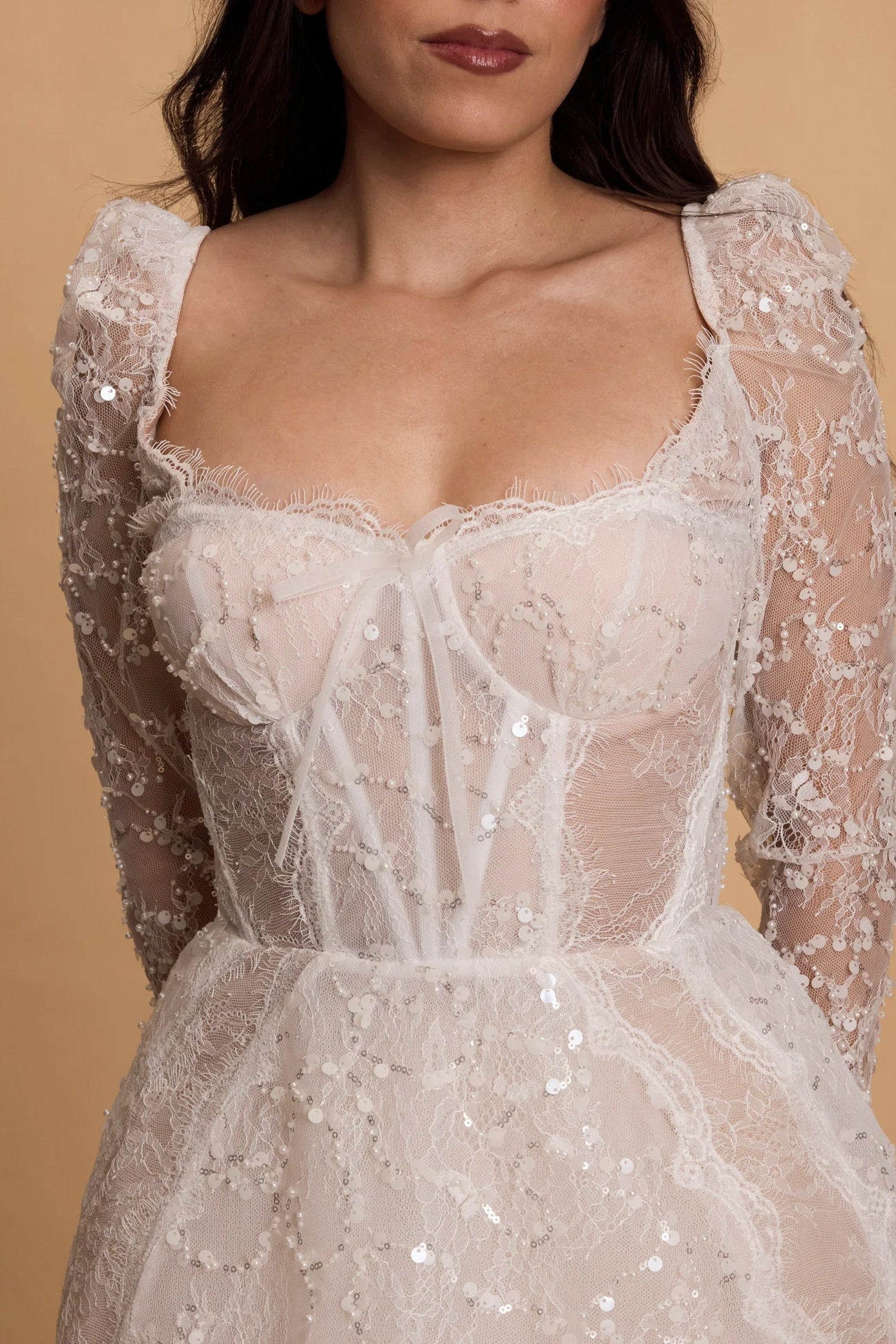 Rosie Etienne Charlotte, white beaded and sequin long sleeve corset mini dress, second look dress, hen party dress