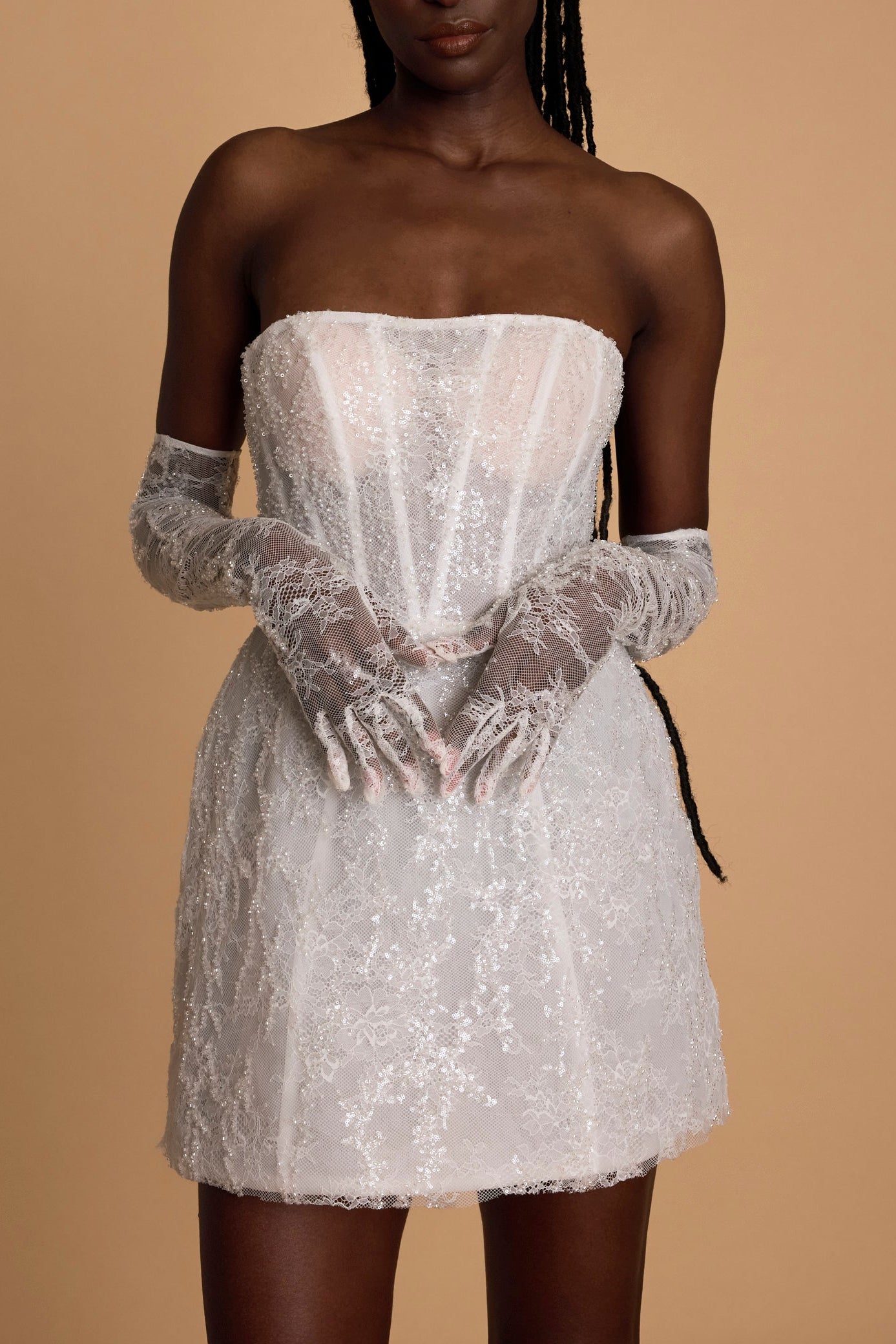 Rosie Etienne Eva lace white mini dress with lace gloves, second look dress, hen party dress