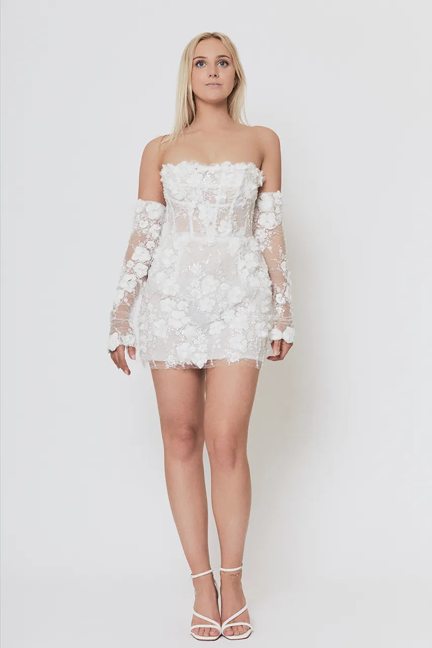 Rosie Etienne Isabelle Short White Dress with Gloves Hen Wedding Bride