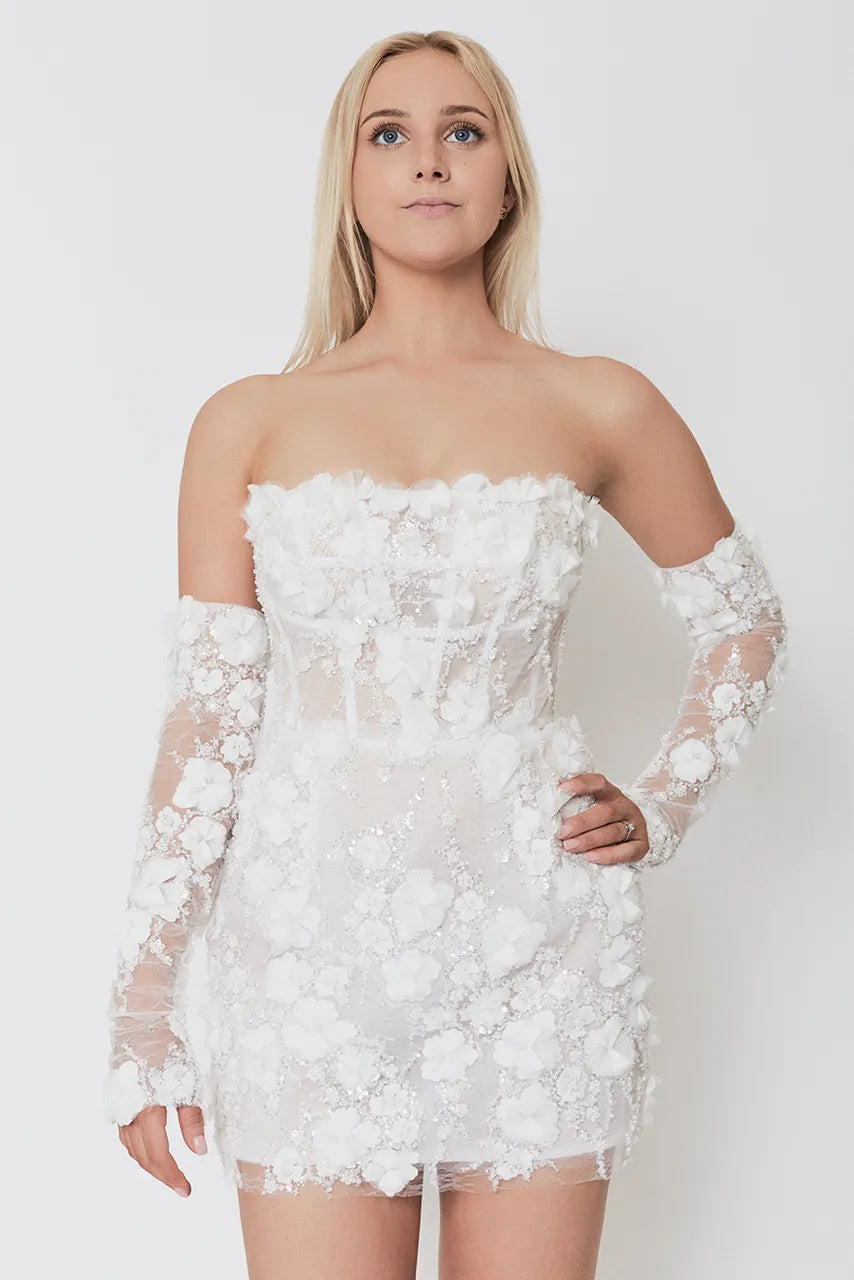 Rosie Etienne Isabelle Short White Dress with Gloves Hen Wedding Bride