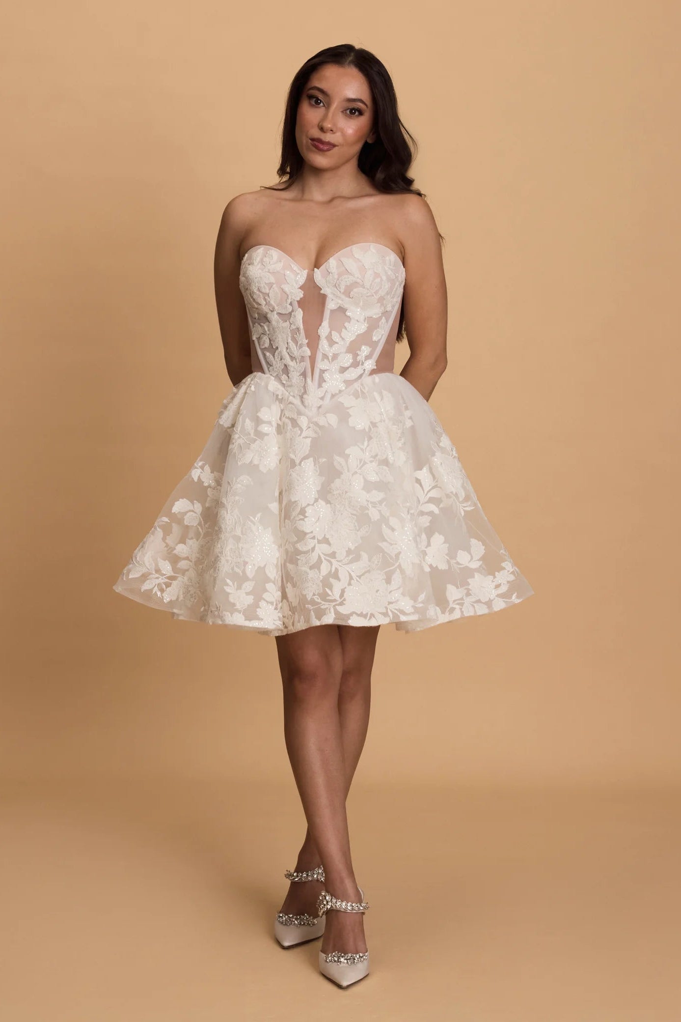 Rosie Etienne Mara white floral corset mini dress, second look dress, strapless