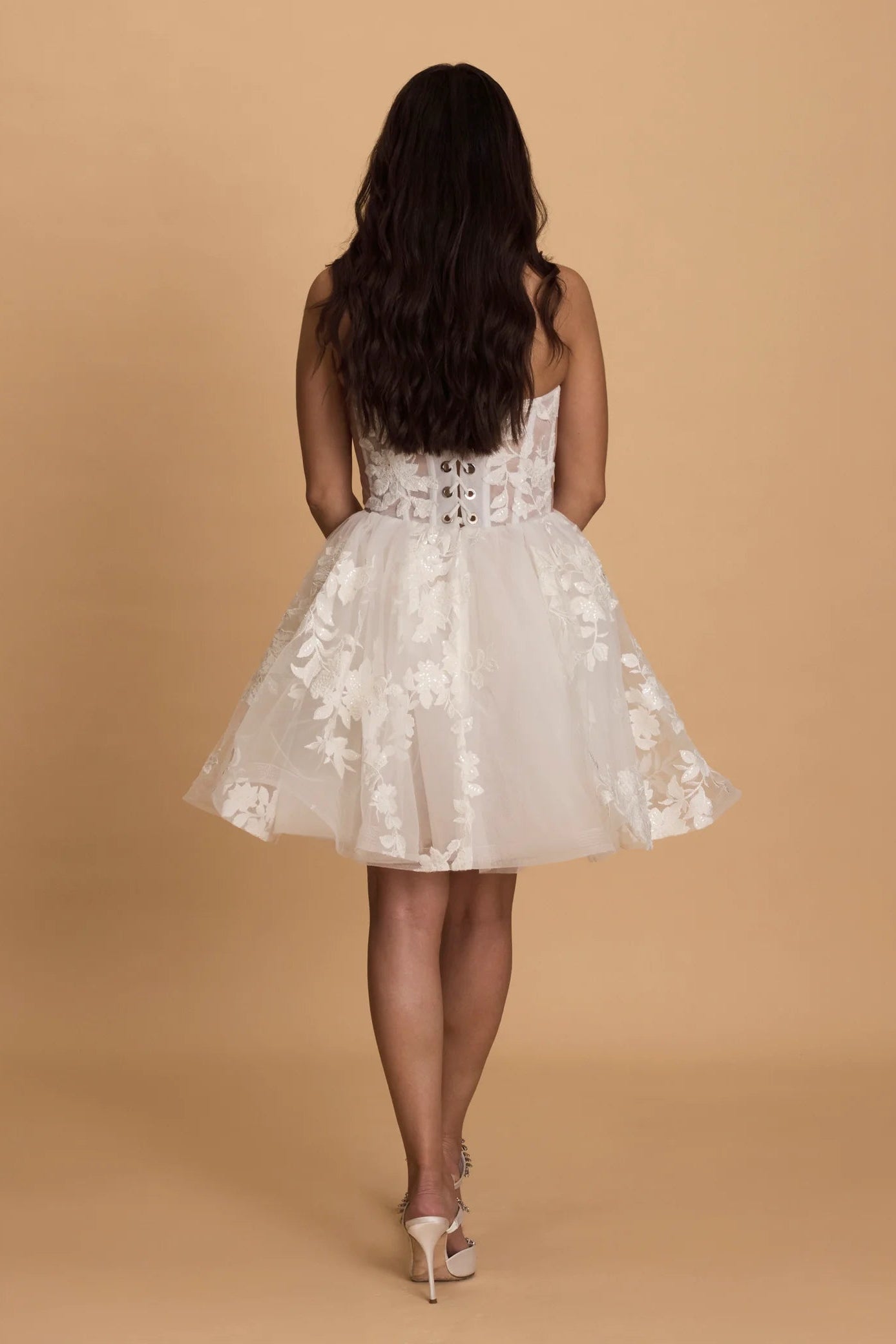 Rosie Etienne Mara white floral corset mini dress, second look dress, strapless, gloves