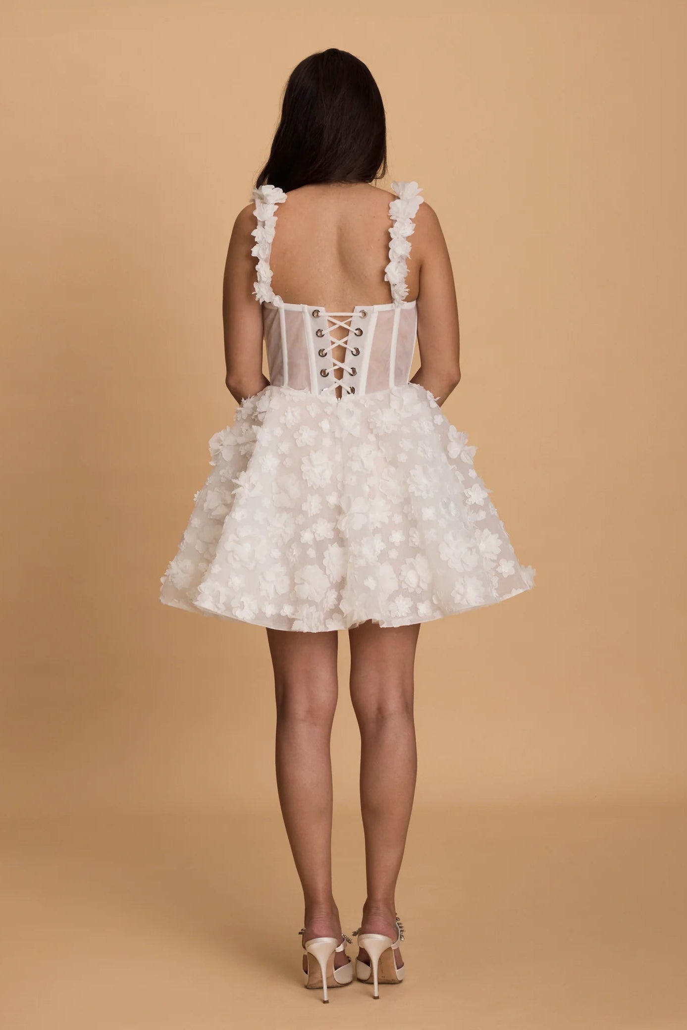 Rosie Etienne Primrose white floral applicque corset mini dress, second look dress, hen party dress