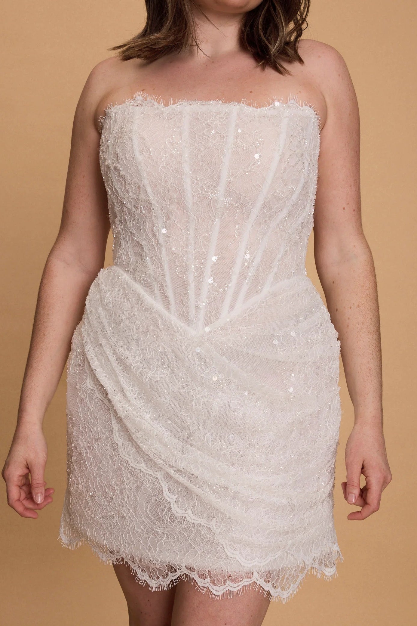 Rosie Etienne hope dress, white mini dress, corset dress sequin, hen party dress, engagement dress, second look dress