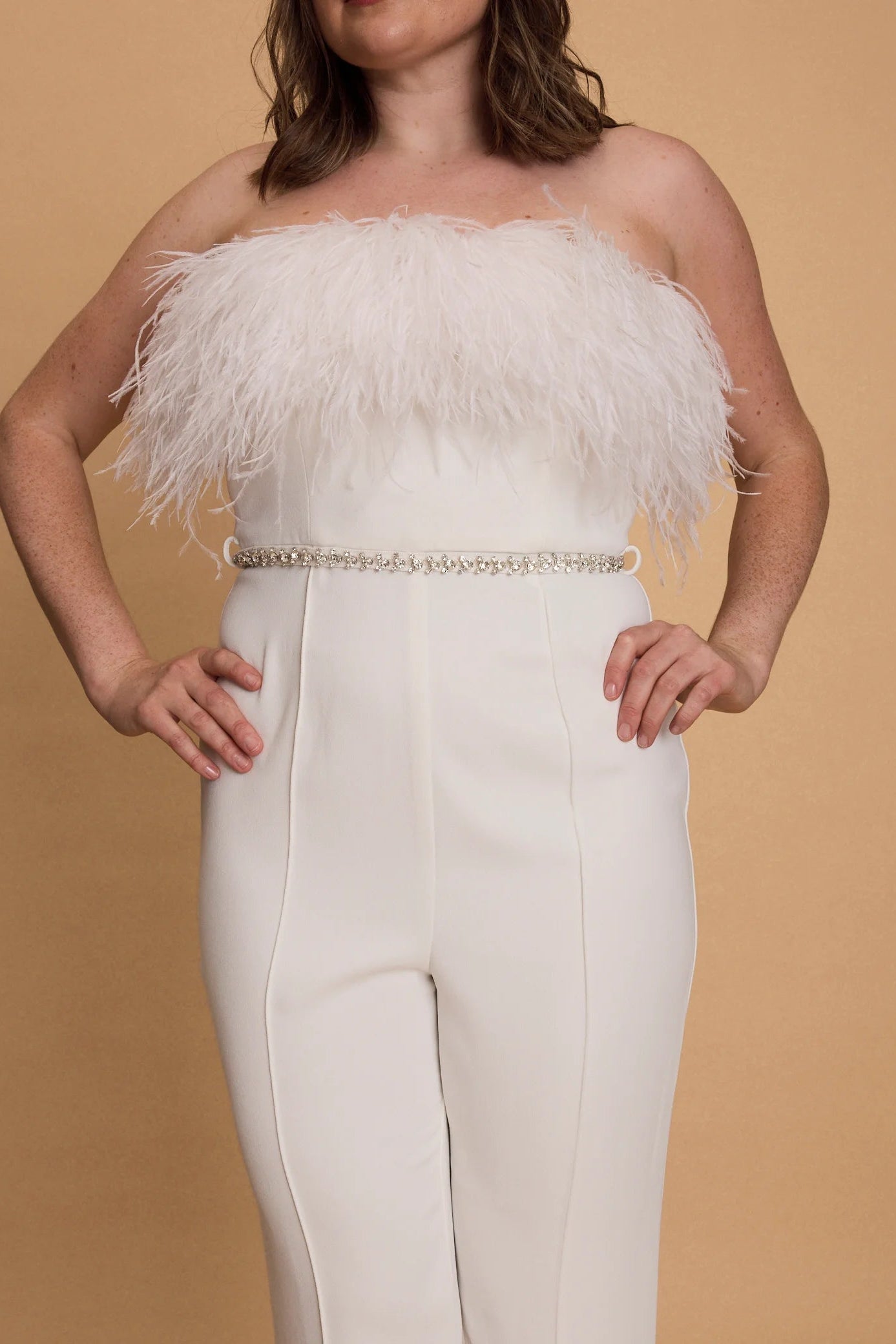 Self-Portrait Feather white Jumpsuit with diamonte belt, hen party, engagement party, bridal, wedding