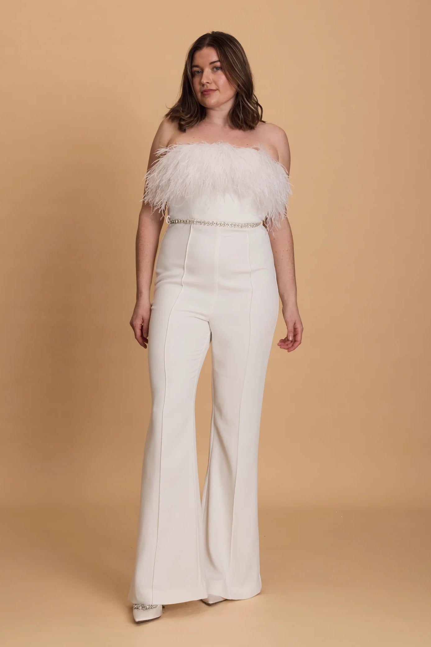 Self-Portrait Feather white Jumpsuit with diamonte belt, hen party, engagement party, bridal, wedding