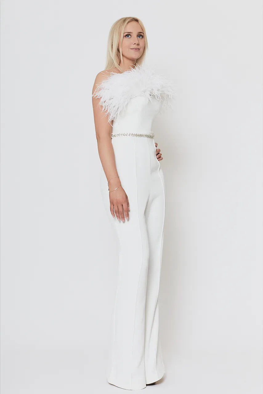 Self Portrait Feather White Jumpsuit Engagement Hen Wedding Bride