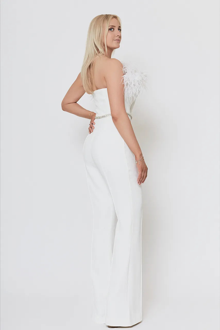 Self Portrait Feather White Jumpsuit Engagement Hen Wedding Bride