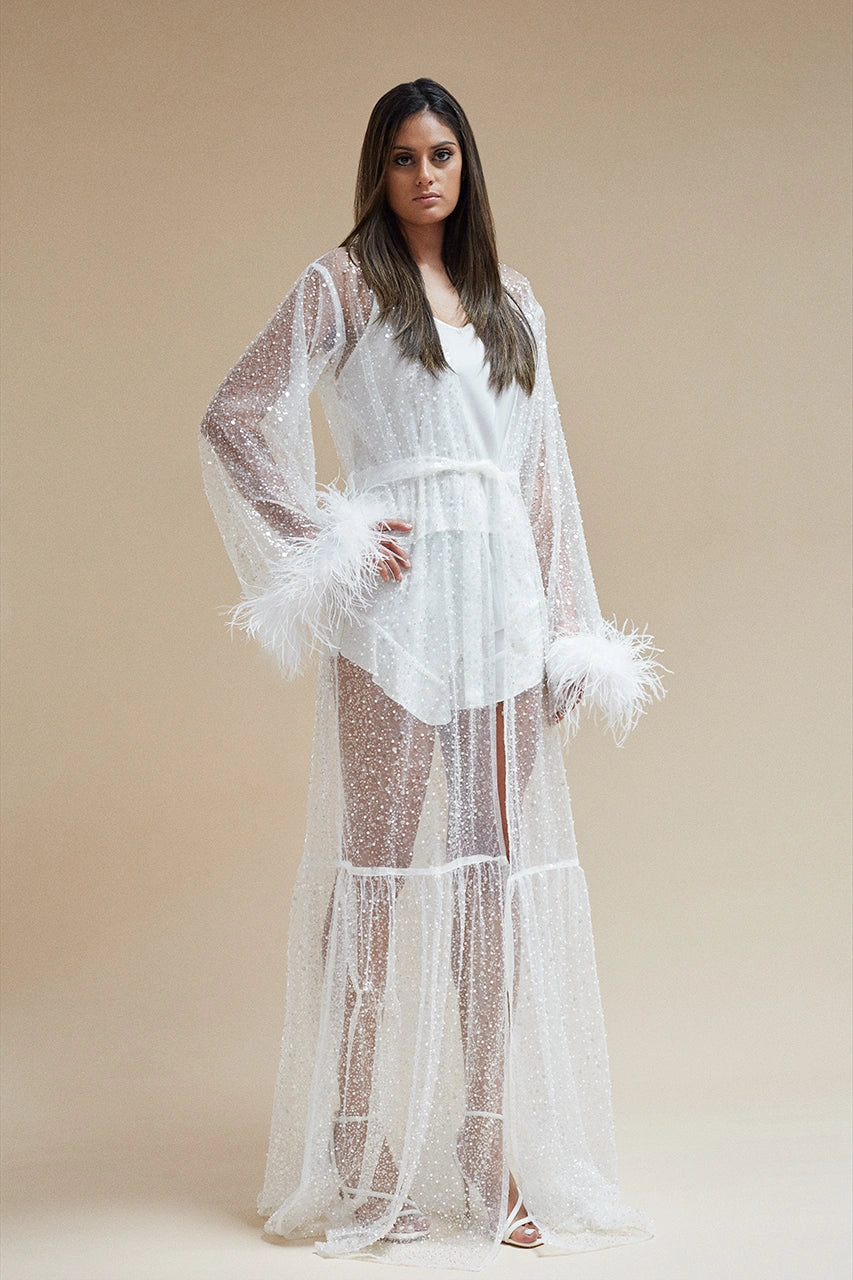 Sheer Robe with Sequins, Beads, and Feathered Sleeves Bridal Hen Wedding