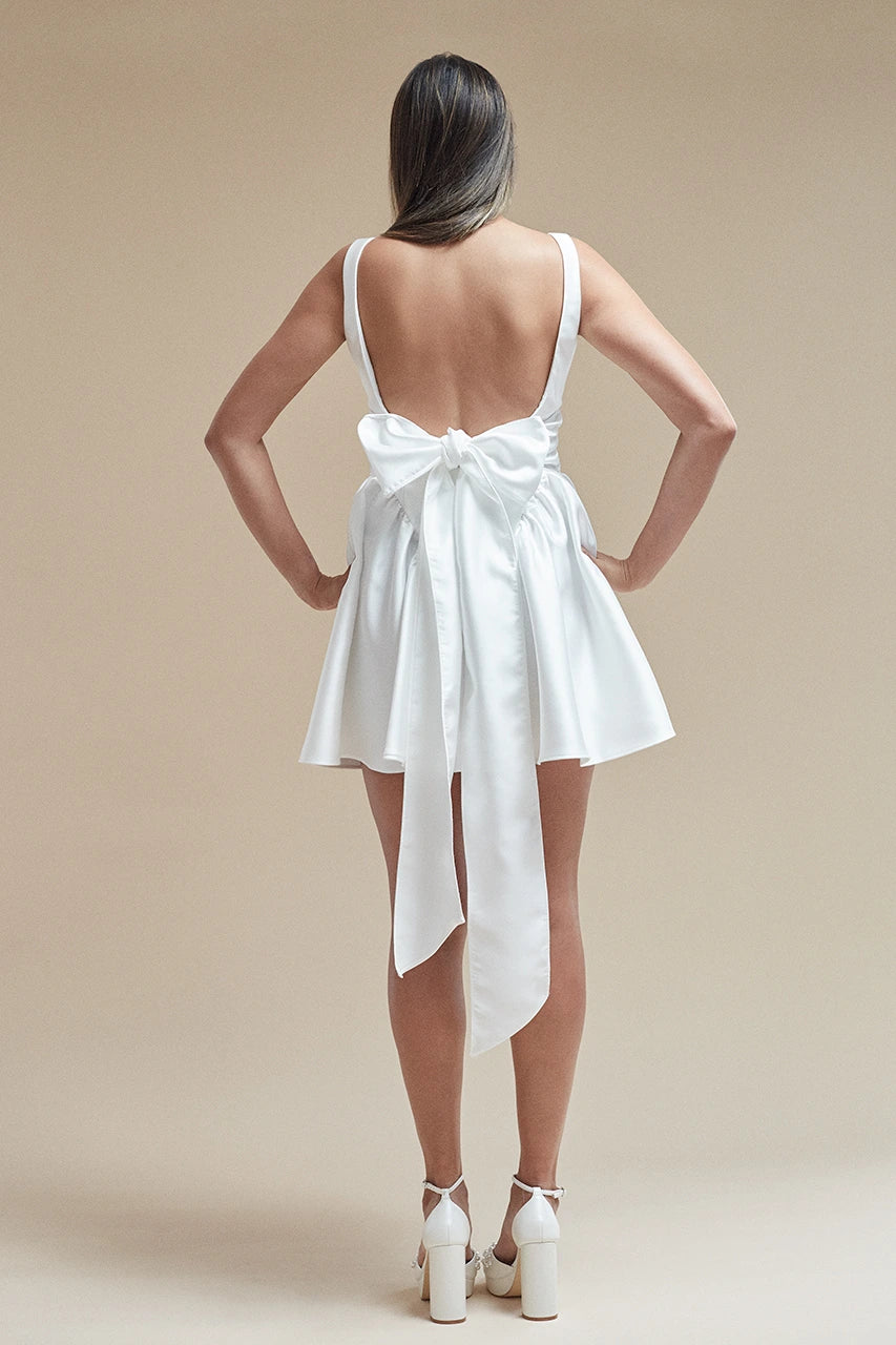 Six Stories Charlotte Satin Bow Mini Dress White Hen Engagement Bridal