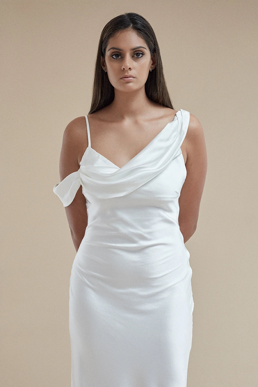 Six Stories Maddie Asymmetrical Bardot Maxi Dress White Hen Engagement Wedding Bridal