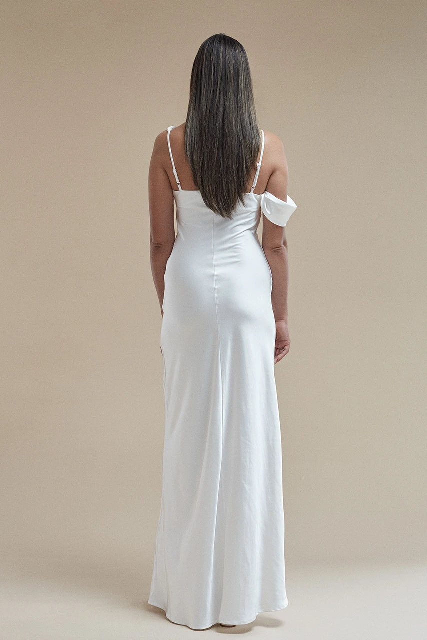Six Stories Maddie Asymmetrical Bardot Maxi Dress White Hen Engagement Wedding Bridal