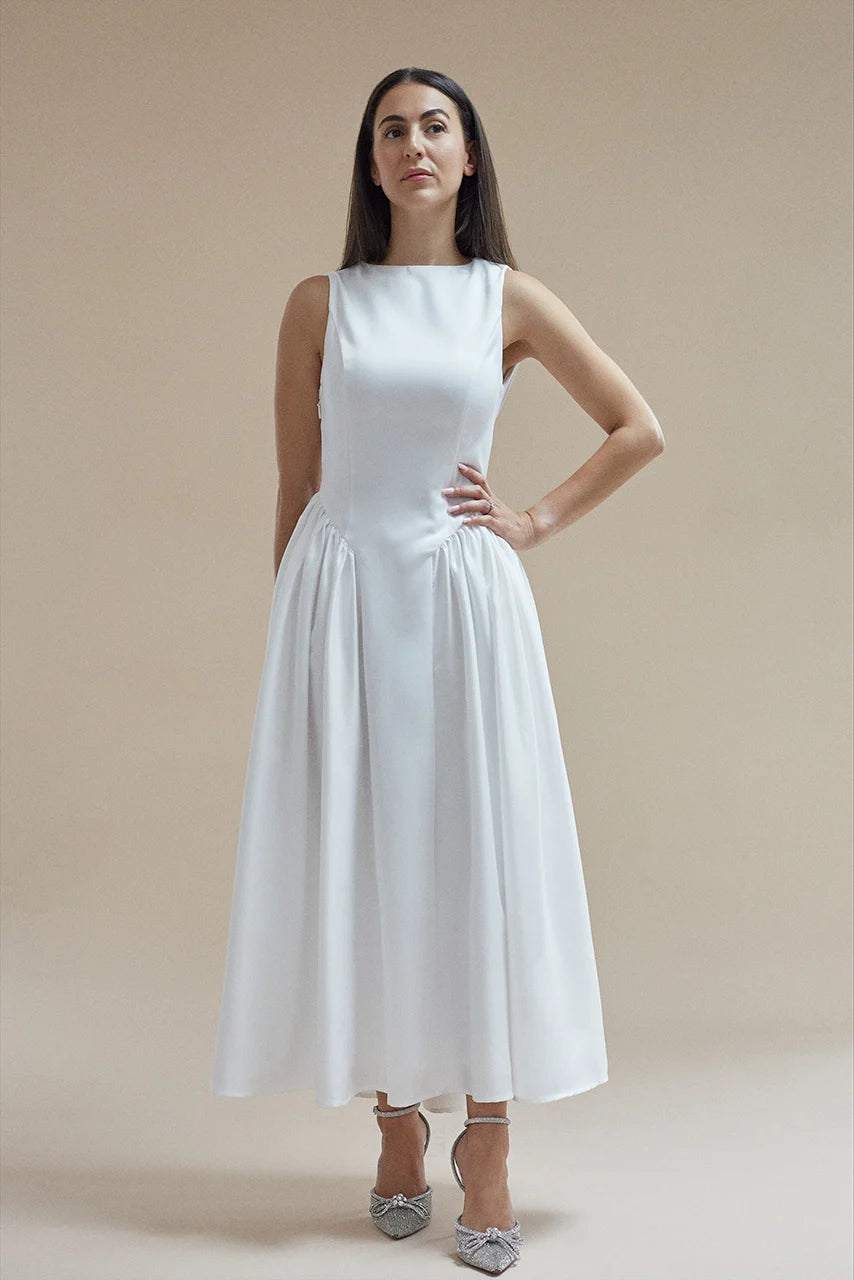 Six Stories Penelope Bow Midi Dress White Hen Engagement Wedding Bridal