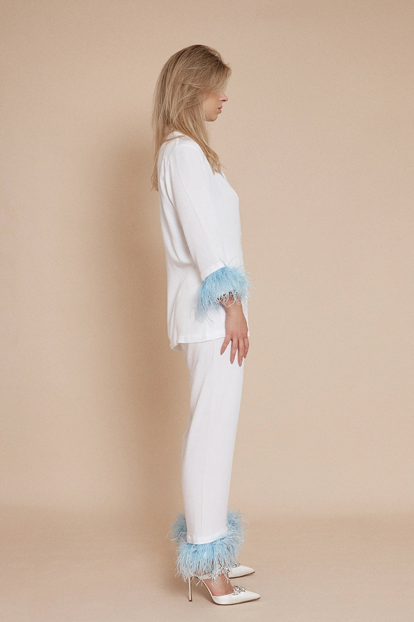Sleeper White Party Pyjama Set with Blue Feather Trim Bridal Wedding