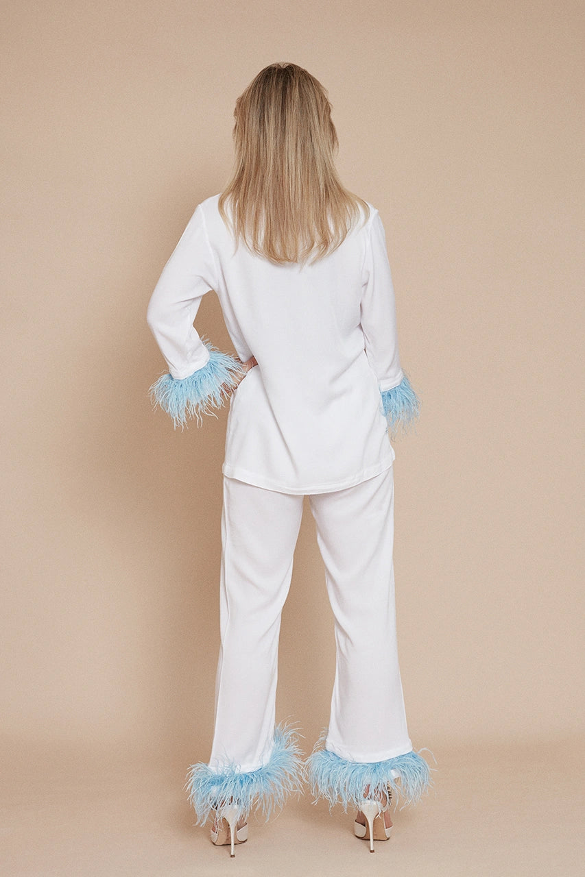 Sleeper White Party Pyjama Set with Blue Feather Trim Bridal Wedding