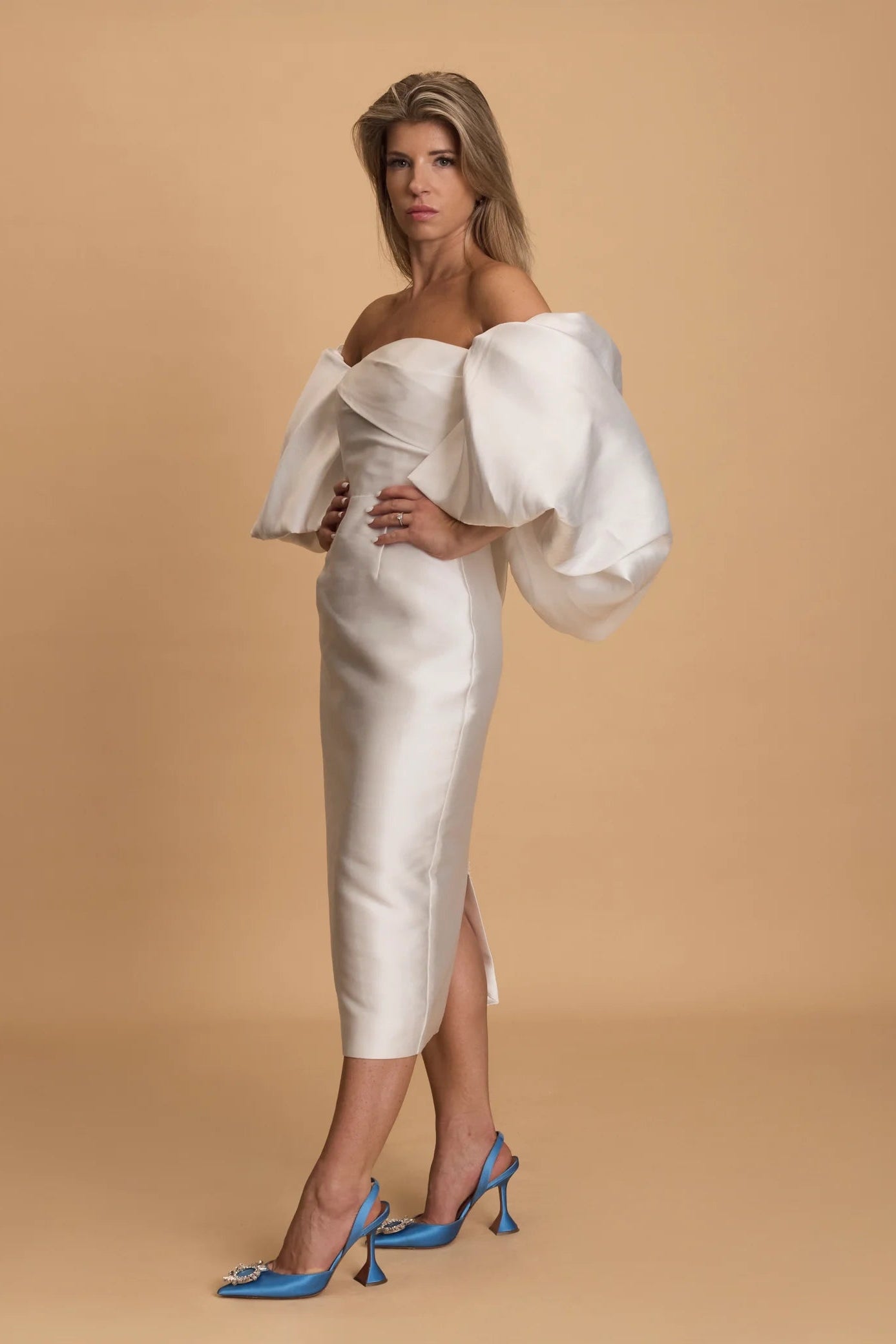 Solace Marcia Midi Dress white, thick satin, big sleeves, engagement party dress, civil ceremony dress