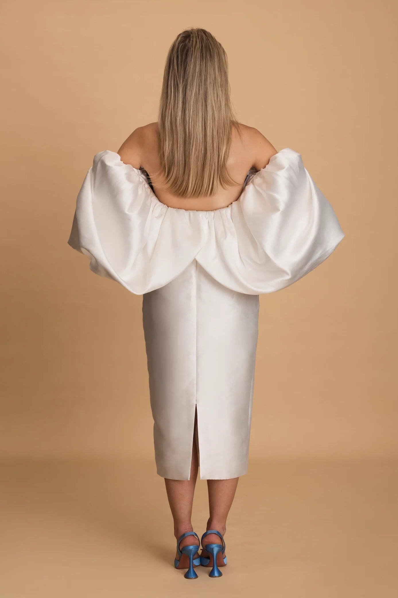 Solace Marcia Midi Dress white, thick satin, big sleeves, engagement party dress, civil ceremony dress