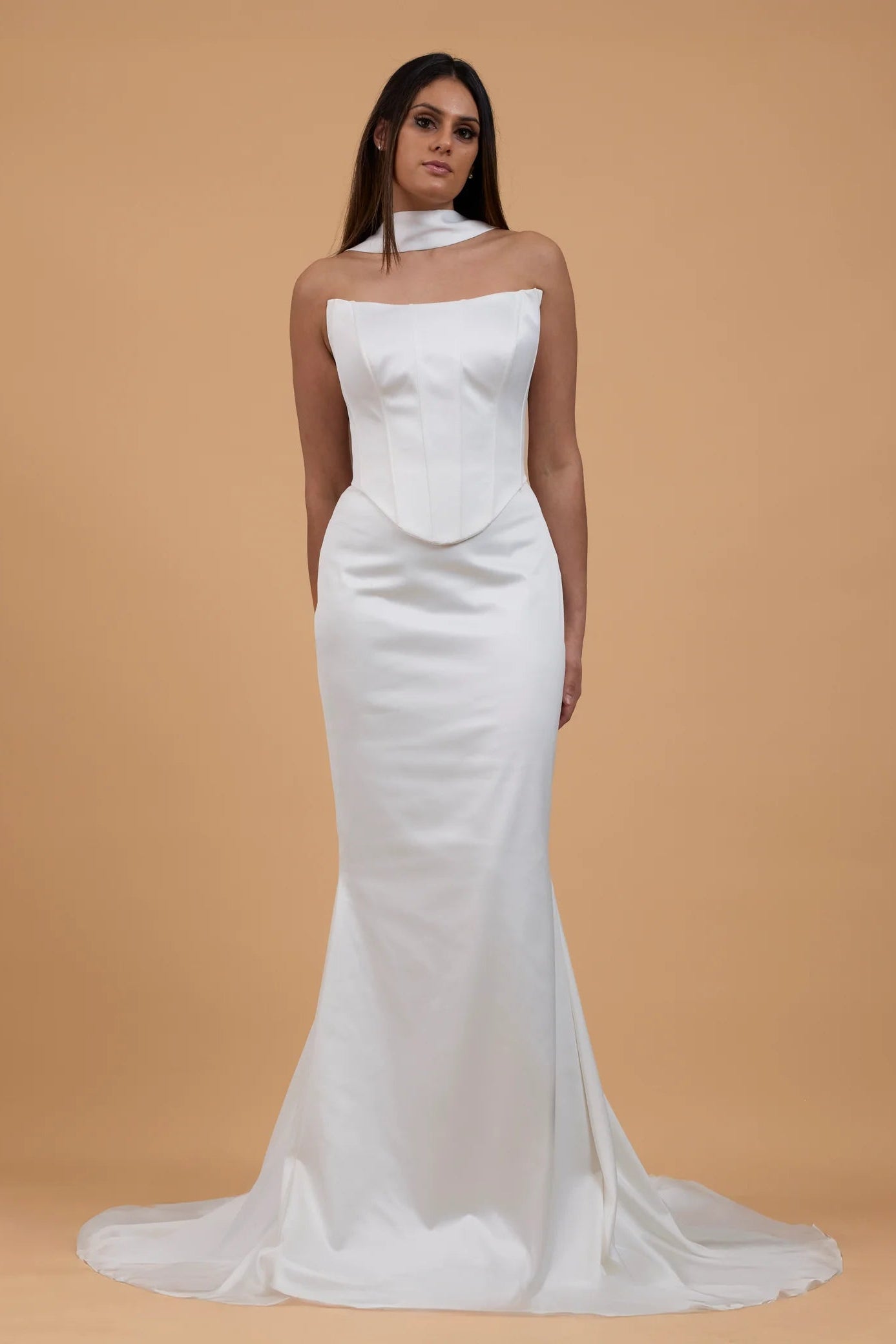 Viero Naomi ivory two piece, corset & skirt wedding gown with neck scarf, pre-loved wedding gown, second-hand wedding gown, sample sale wedding gown