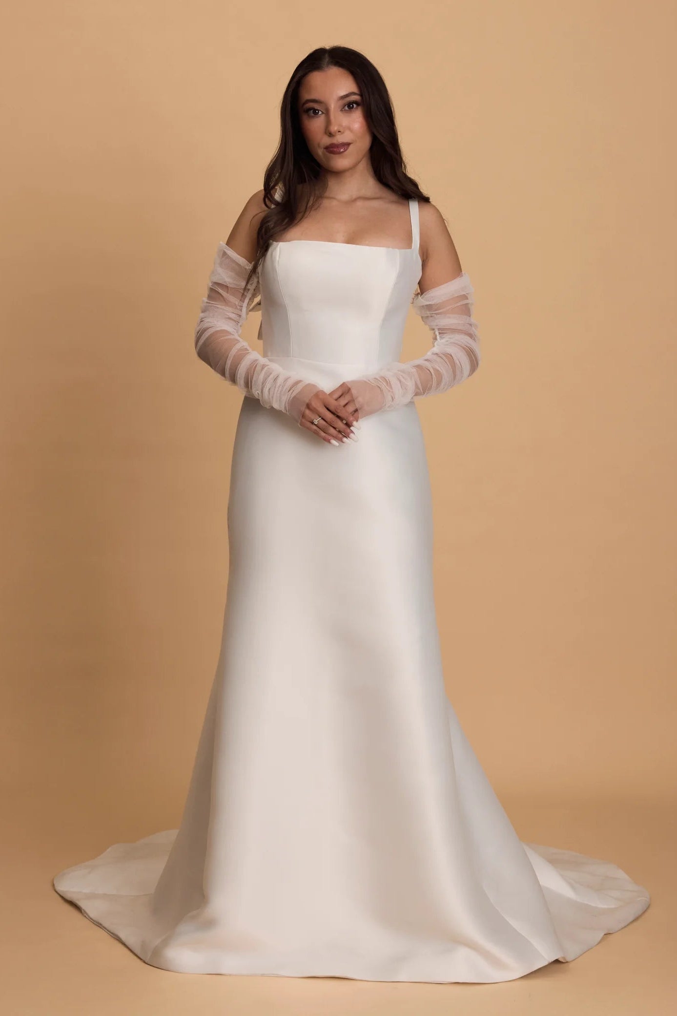 chosen by kyha arta thick satin white wedding gown, bridal square neck line, wedding, tulle sleeves
