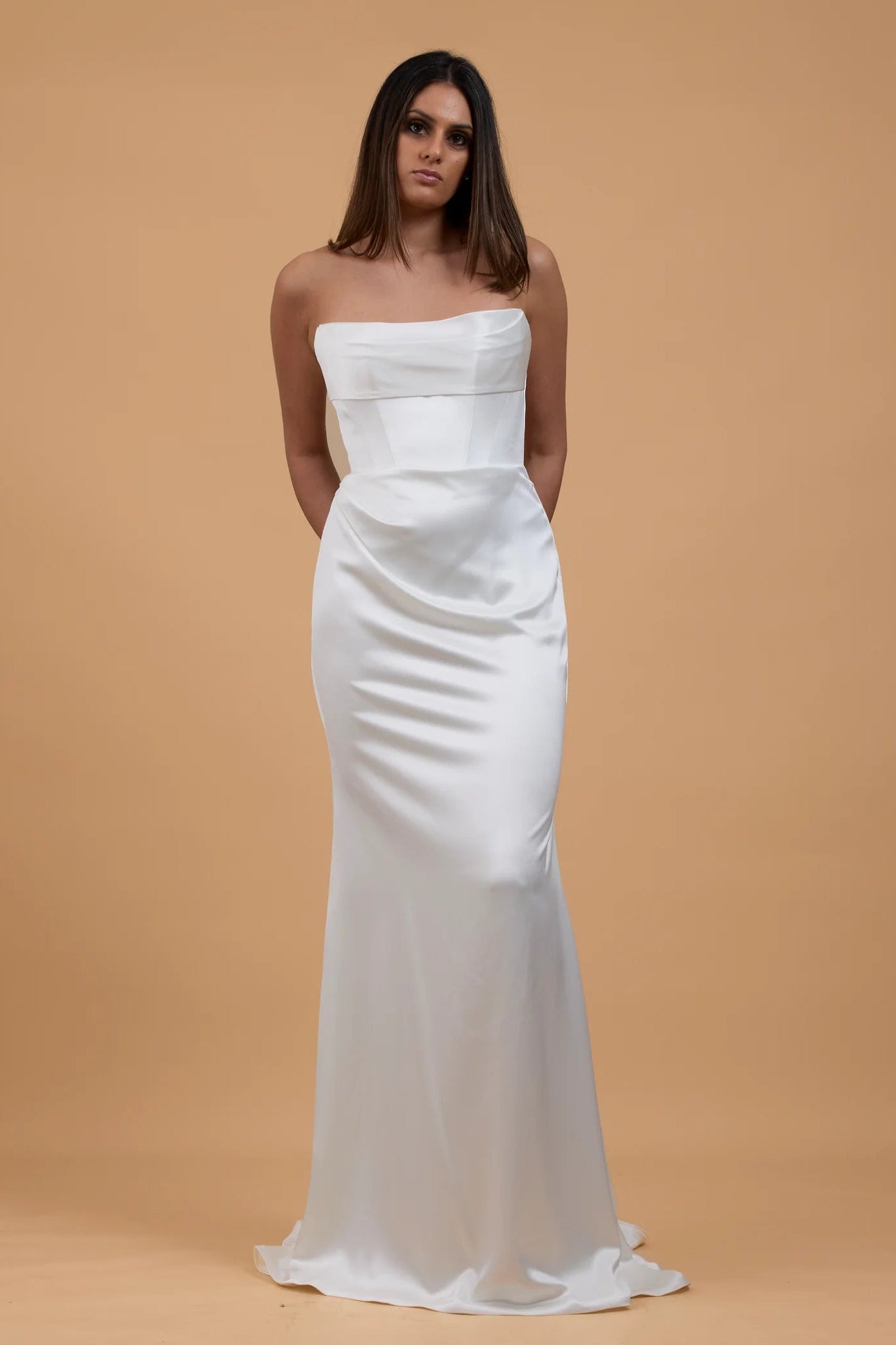 kyha salacea wedding gown, ivory satin, corset, pre-loved wedding gown, second-hand wedding gown, sample sale wedding gown