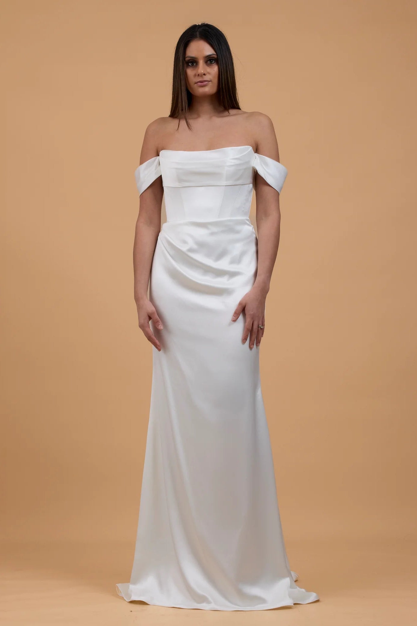 kyha salacea wedding gown with draped sleeves, ivory satin, corset, pre-loved wedding gown, second-hand wedding gown, sample sale wedding gown