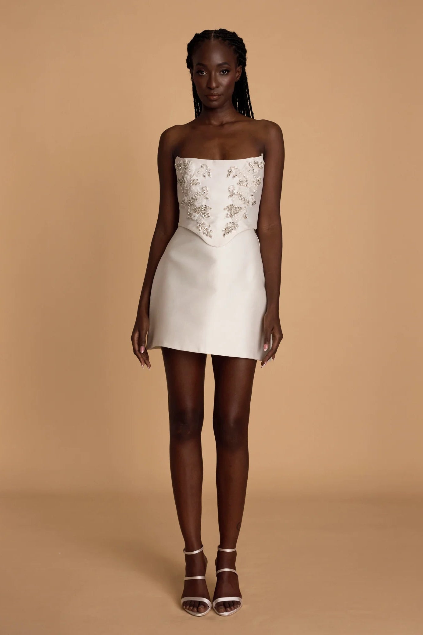 rosie etienne everly white two piece corset dress with lace gloves and lace neck scarf second look hen party