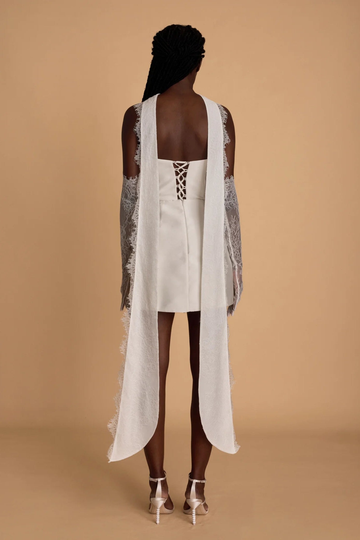 rosie etienne everly white two piece corset dress with lace gloves and lace neck scarf second look hen party