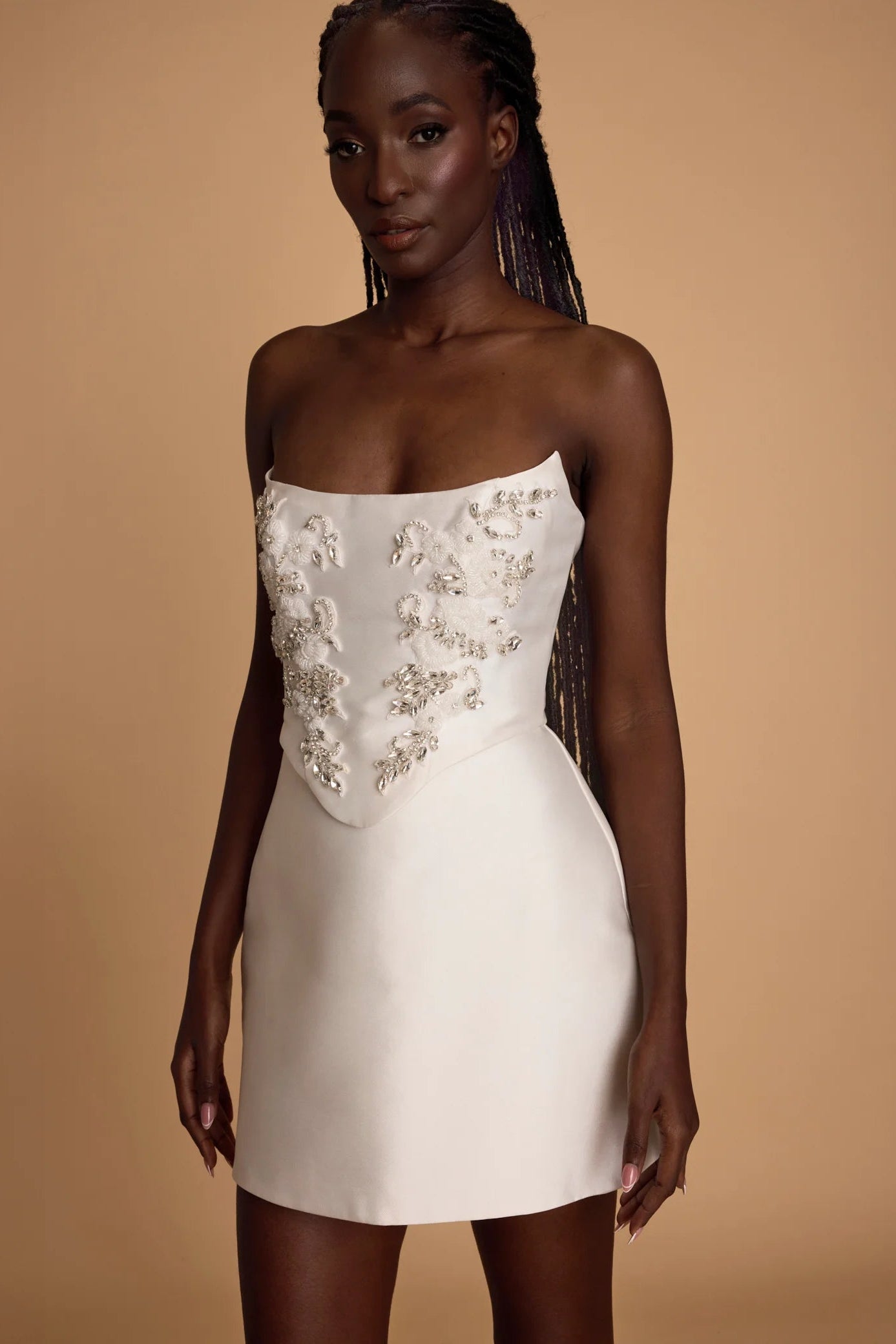 rosie etienne everly white two piece corset dress with lace gloves and lace neck scarf second look hen party