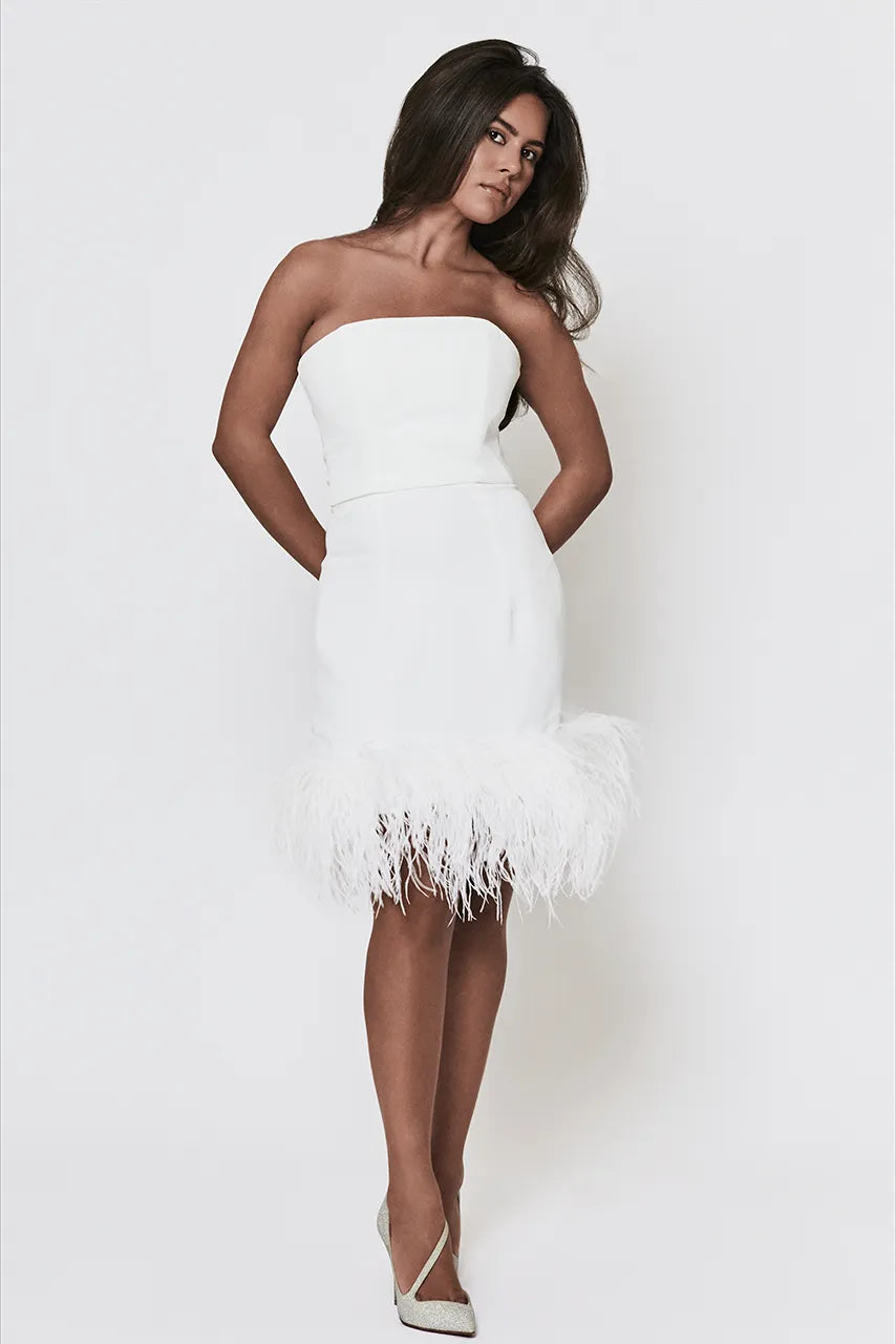 16Arlington White Mini Feather Trim Dress Engagement Hen Wedding Bride
