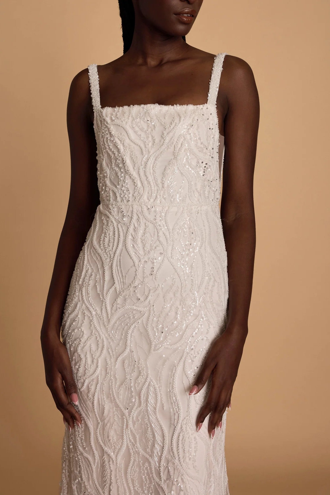 Alena Leena Calathea ivory embellished square neckline sheath wedding dress