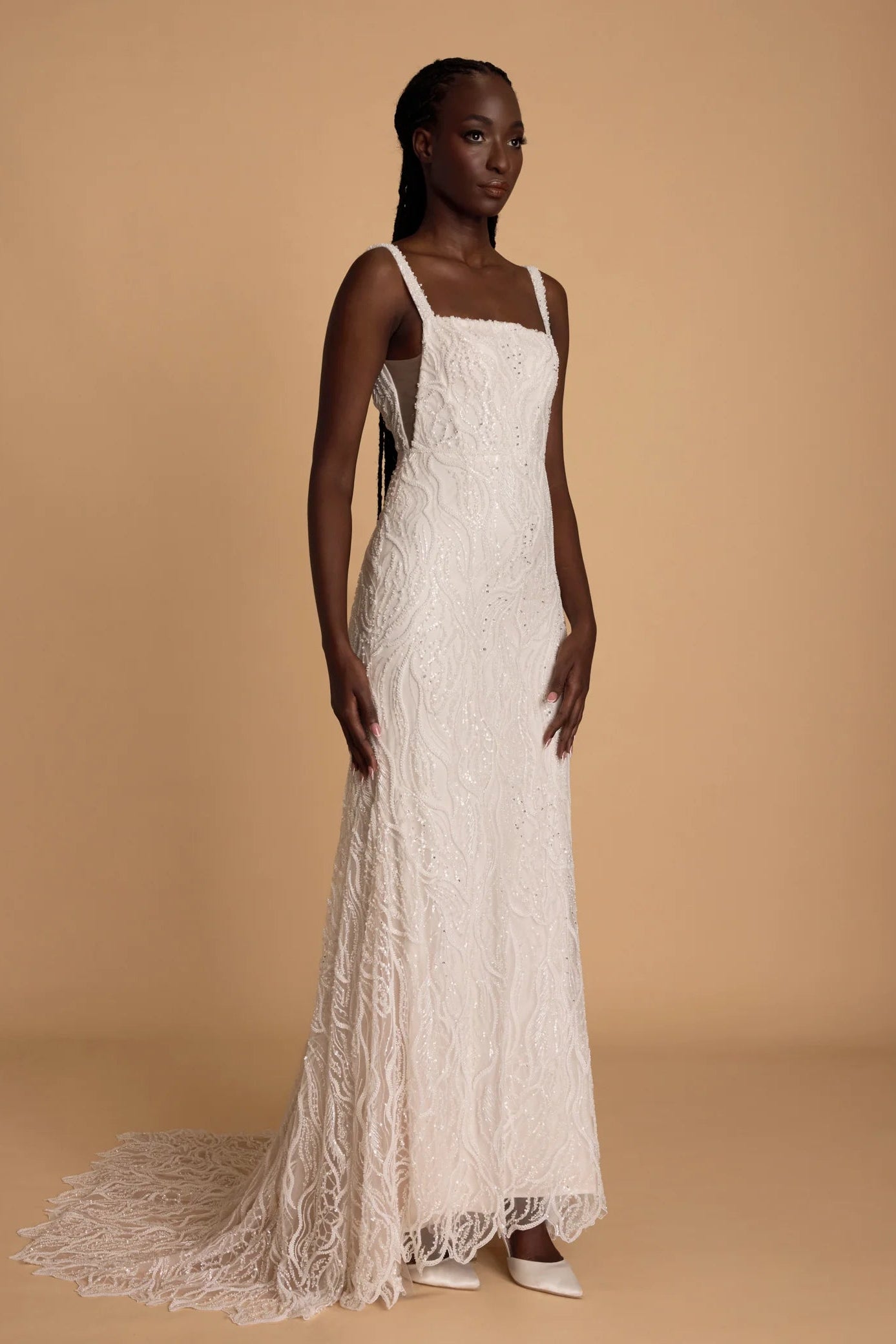 Alena Leena Calathea ivory embellished square neckline sheath wedding dress