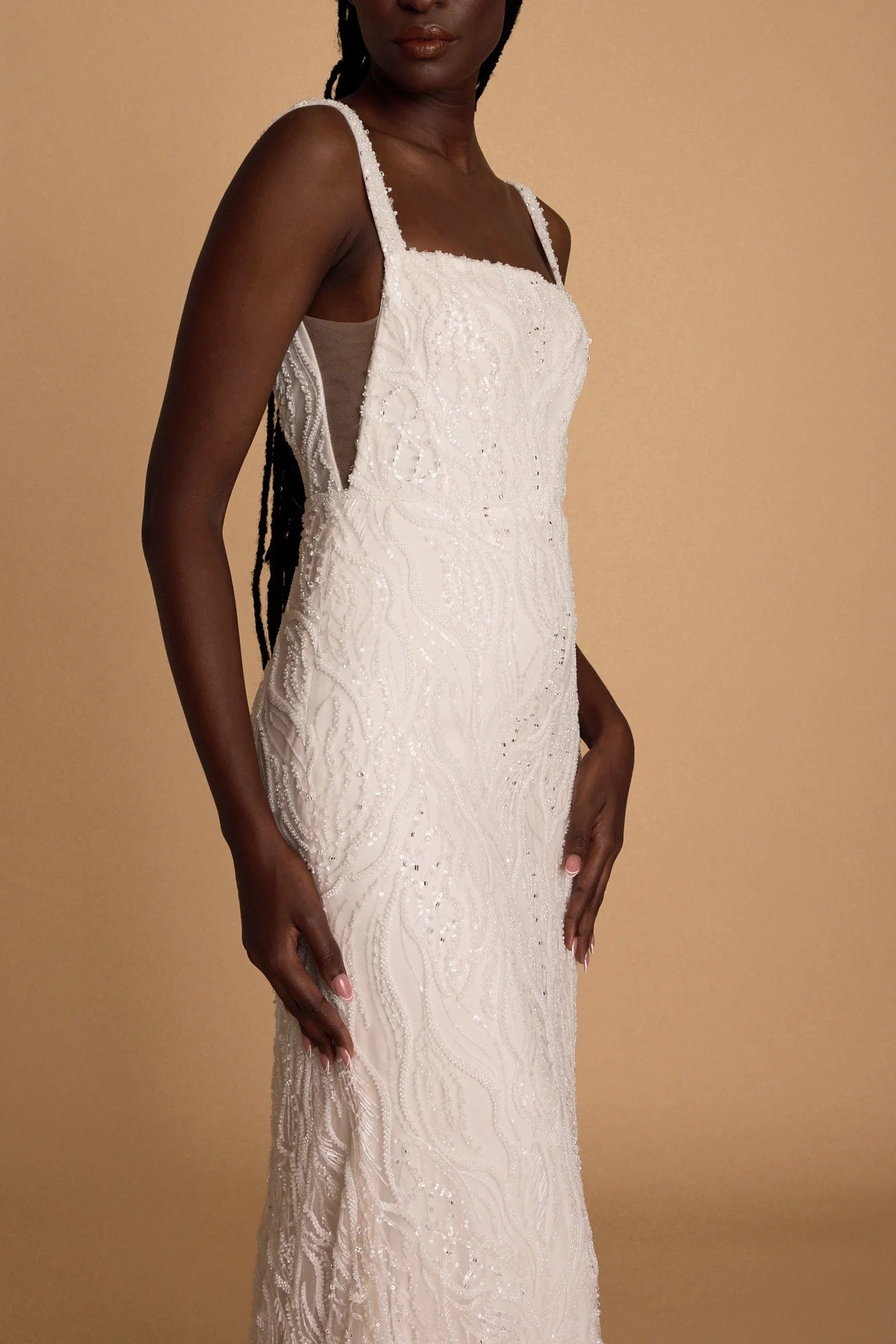 Alena Leena Calathea ivory embellished square neckline sheath wedding dress