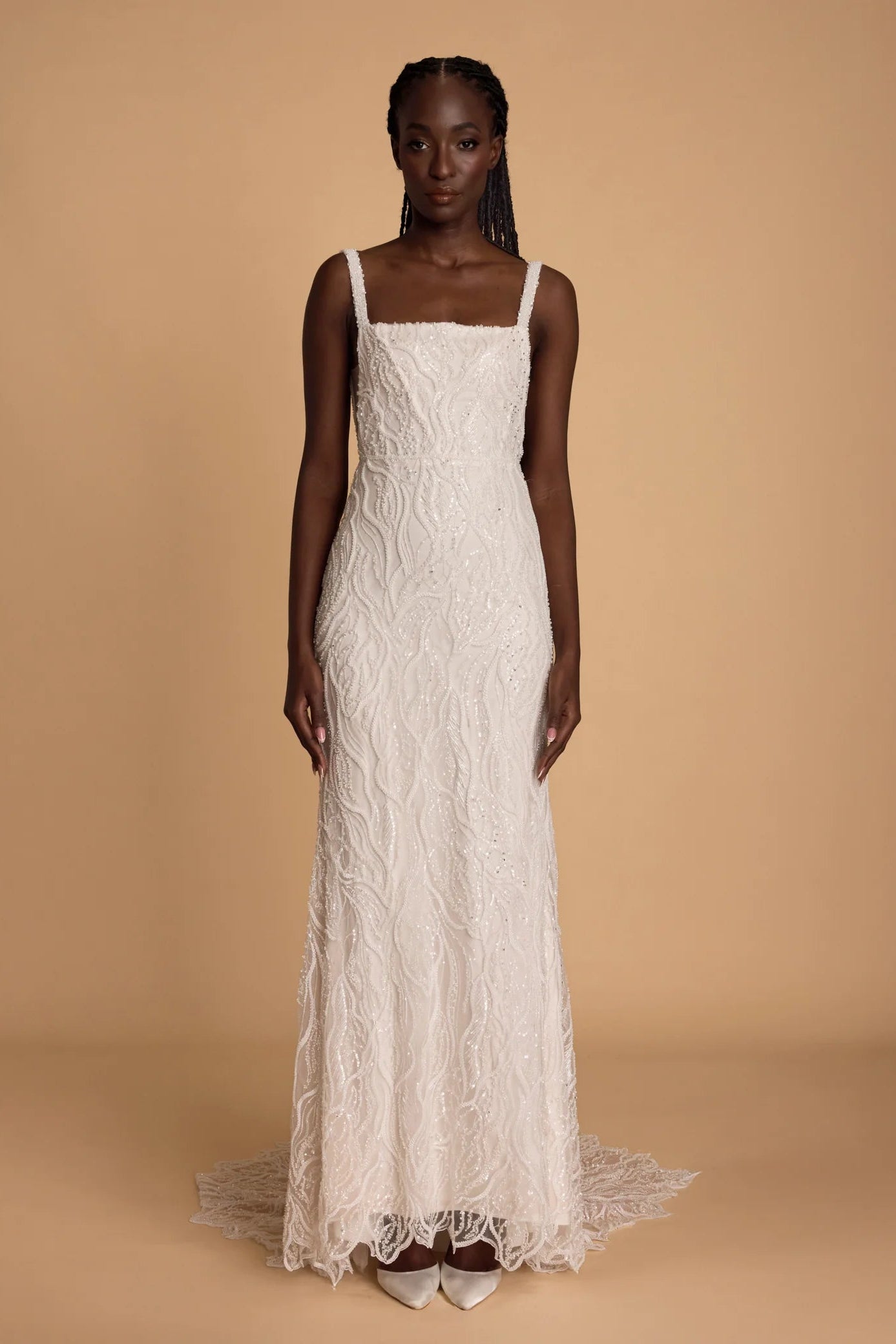 Alena Leena Calathea ivory embellished square neckline sheath wedding dress