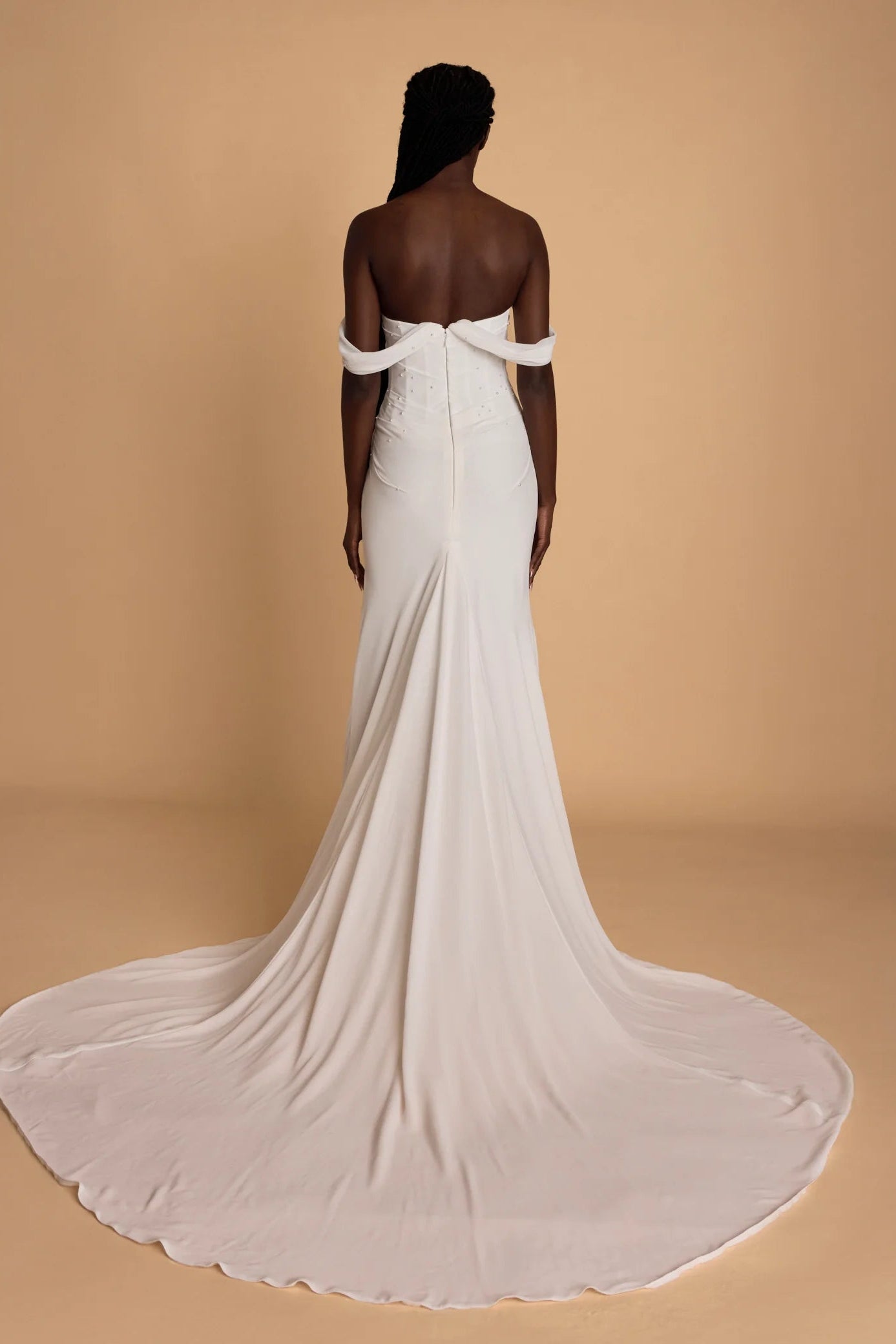 Alena Leena Snowberry chiffon boned bodice pearls white wedding dress 