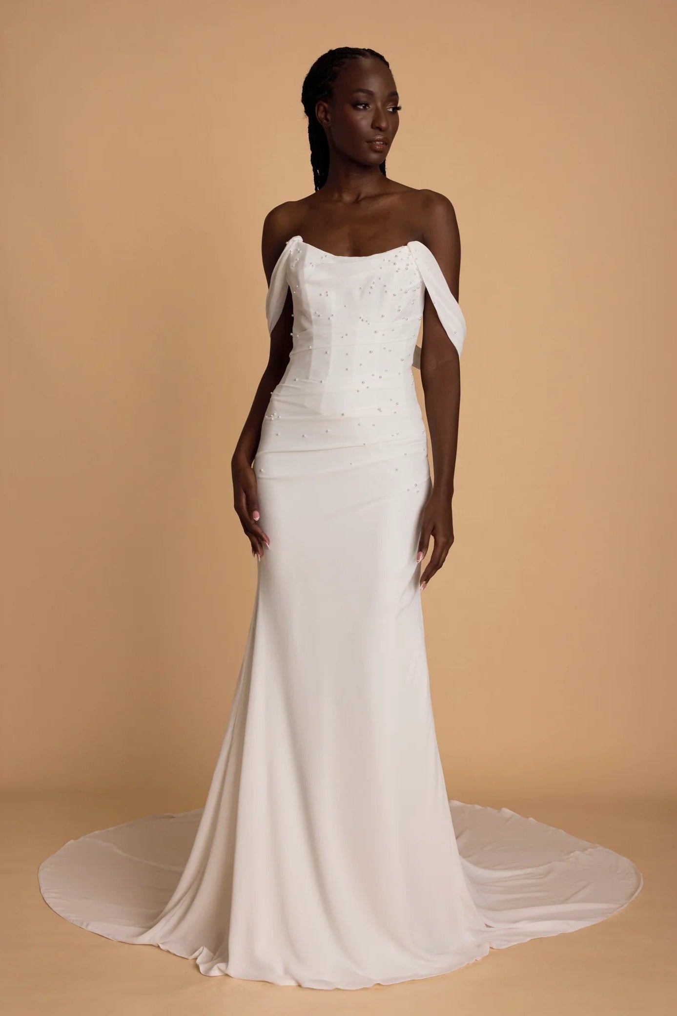 Alena Leena Snowberry chiffon strapless boned bodice pearls white wedding dress 