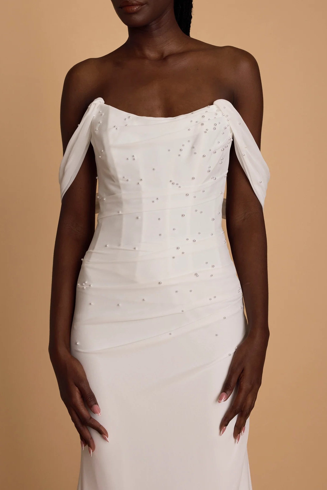 Alena Leena Snowberry chiffon strapless boned bodice pearls white wedding dress 