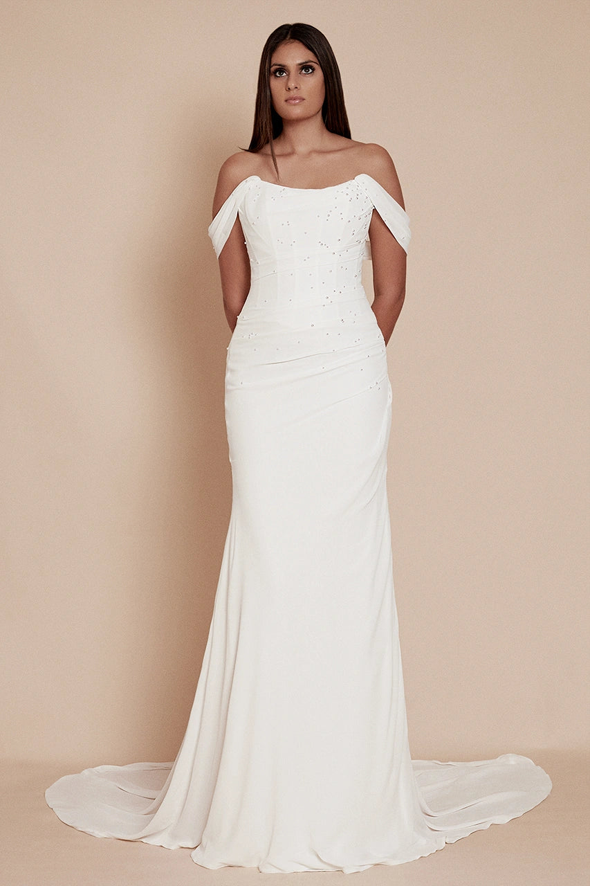 Alena Leena Snowberry wedding gown with pearls bridal