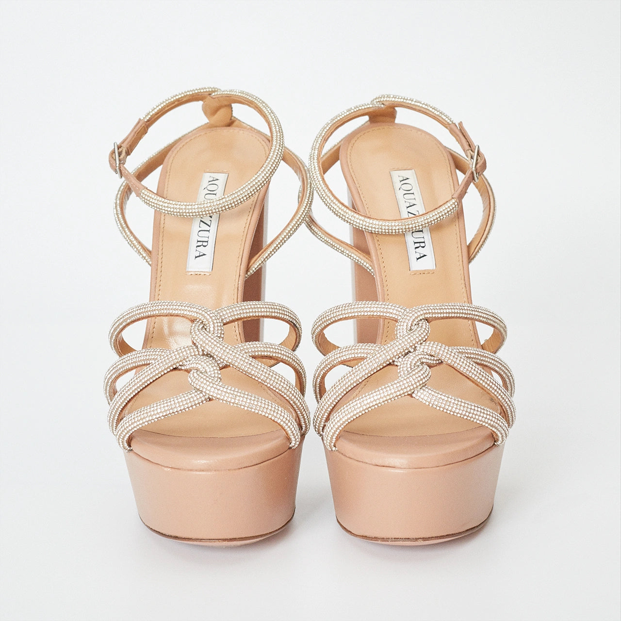 Aquazzura Moondust rhinestone block beige sandals bridal hen engagement wedding