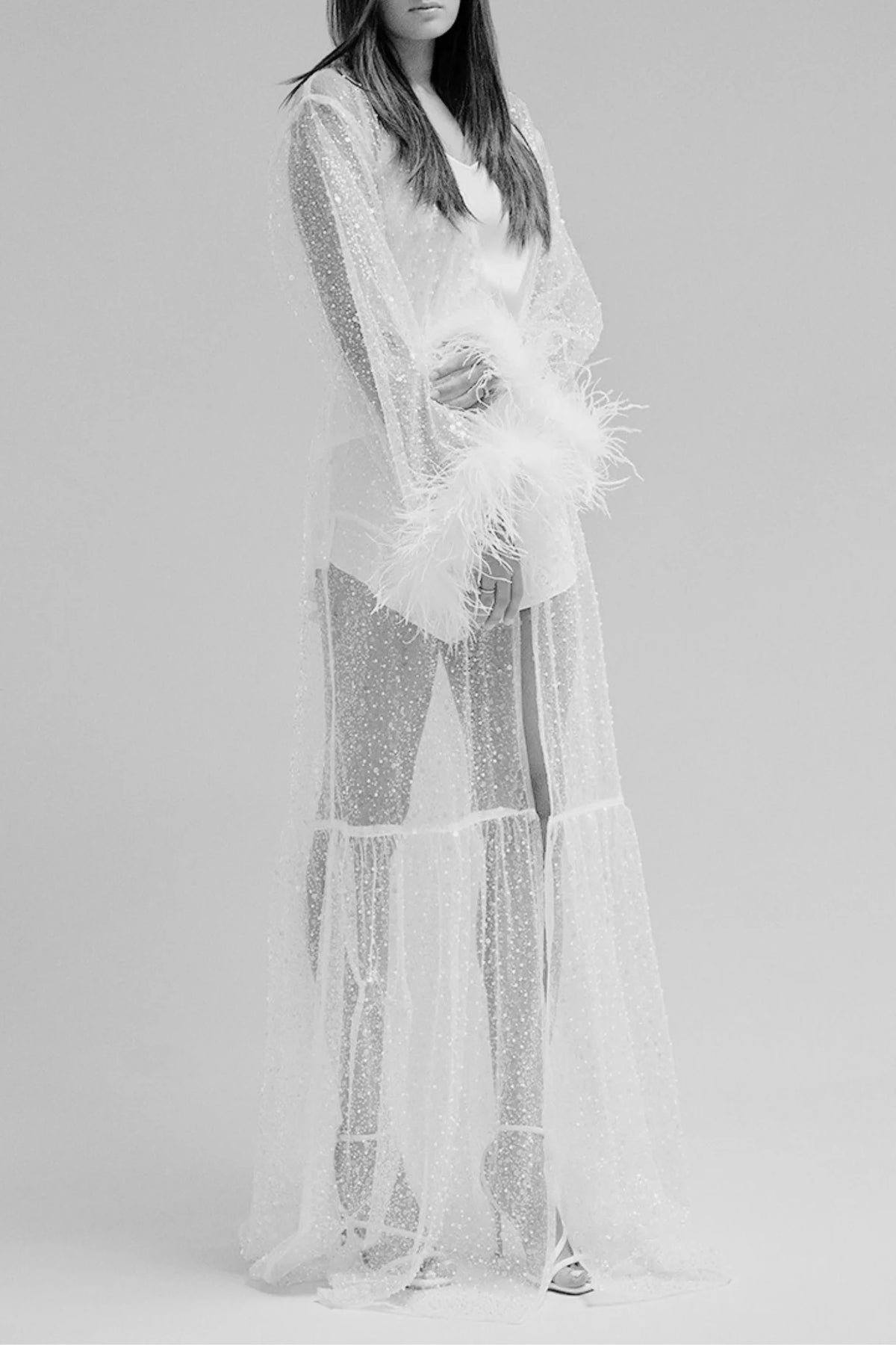 Sheer Dressing Robe with Sequins, Beads and Feathered Sleeves