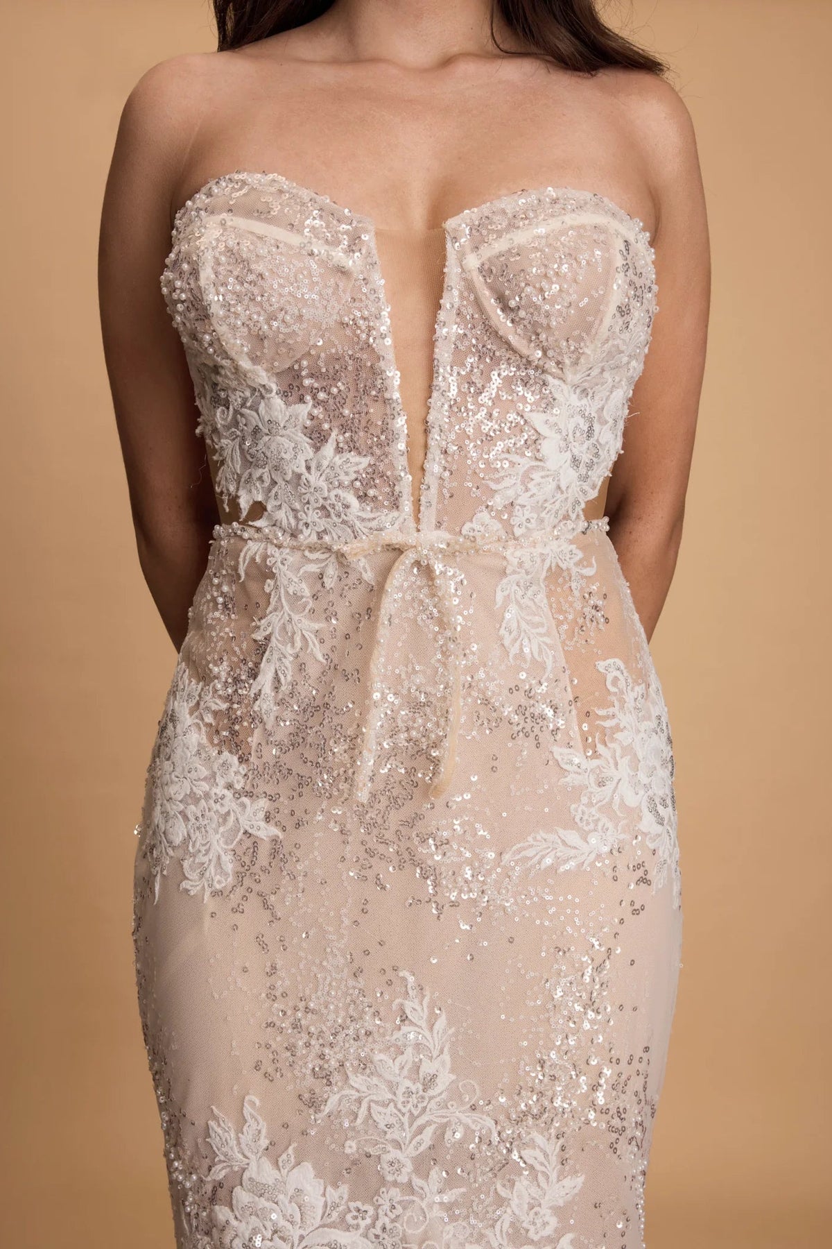 Berta Privee - 22 103 lace, sequin glitter wedding gown, corset, puff tulle sleeves, bridal