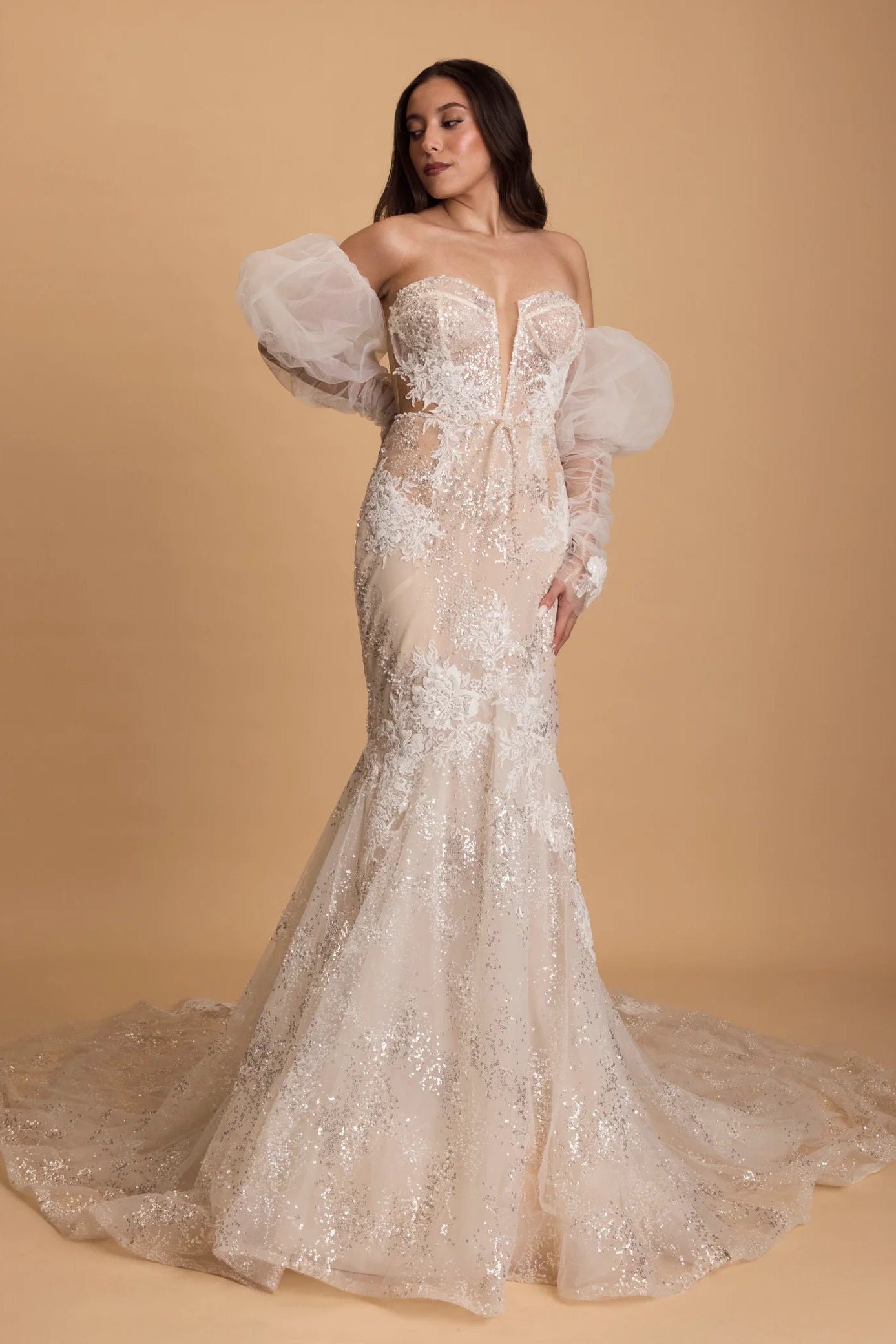 Berta Privee - 22 103 lace, sequin glitter wedding gown, corset, puff tulle sleeves, bridal
