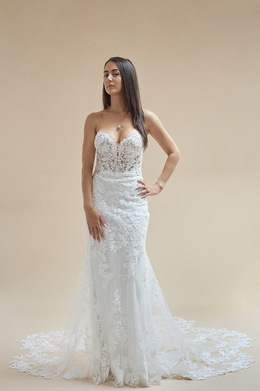 Enzoani Blue Nesta Lace White Bardot Low Back Wedding Gown Bridal