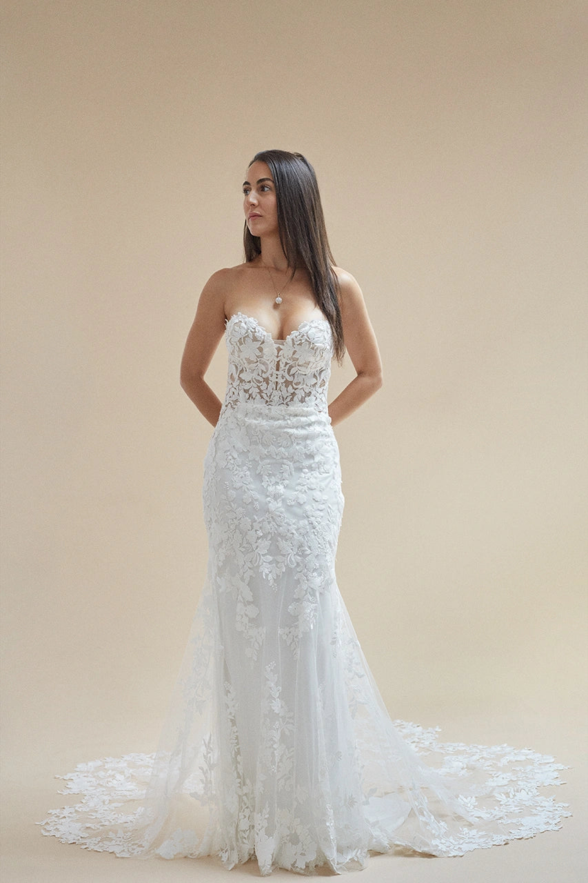 Enzoani Blue Nesta Lace White Bardot Low Back Wedding Gown Bridal