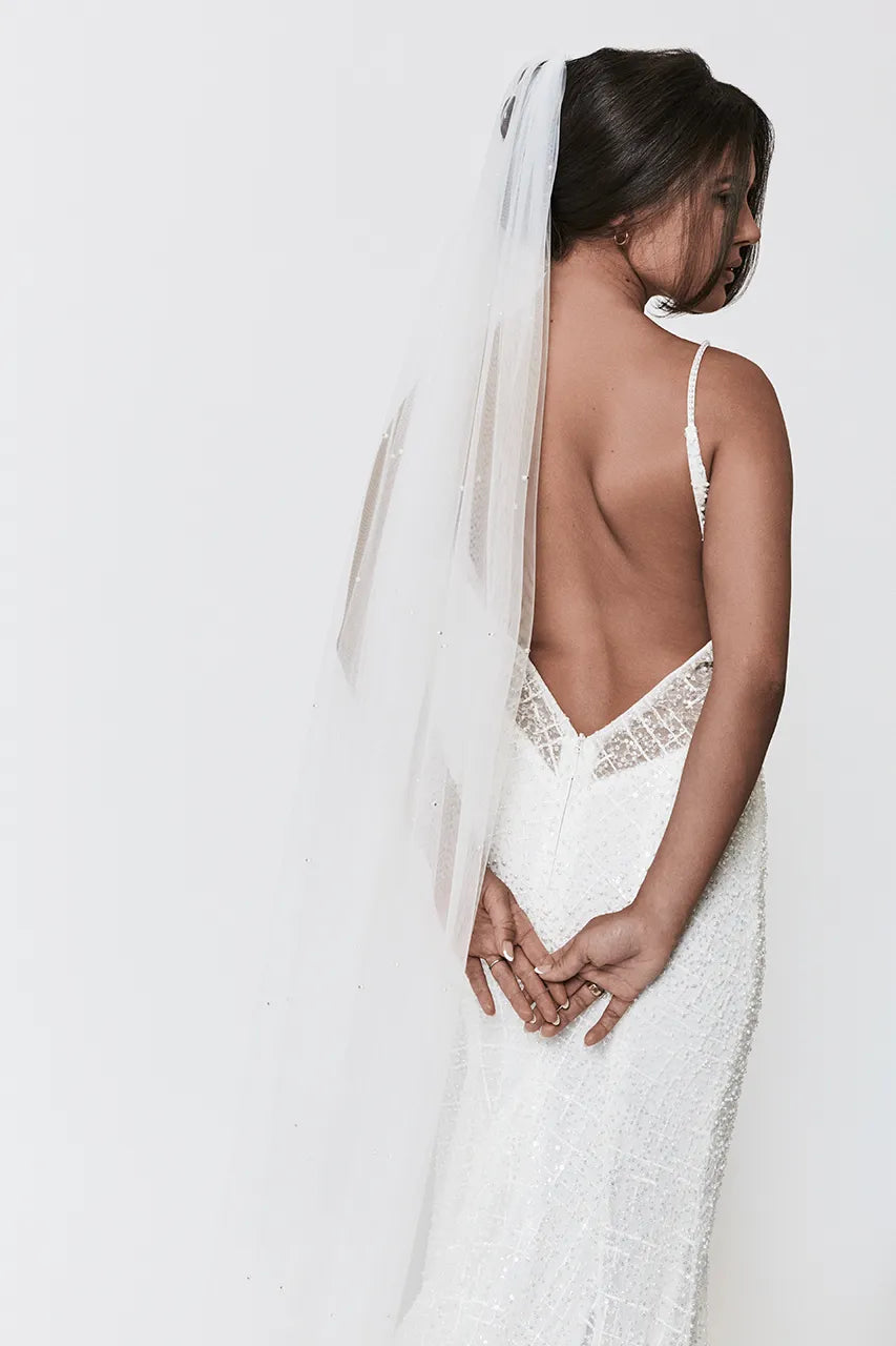 Cathedral length pearl veil single tier ivory wedding bride