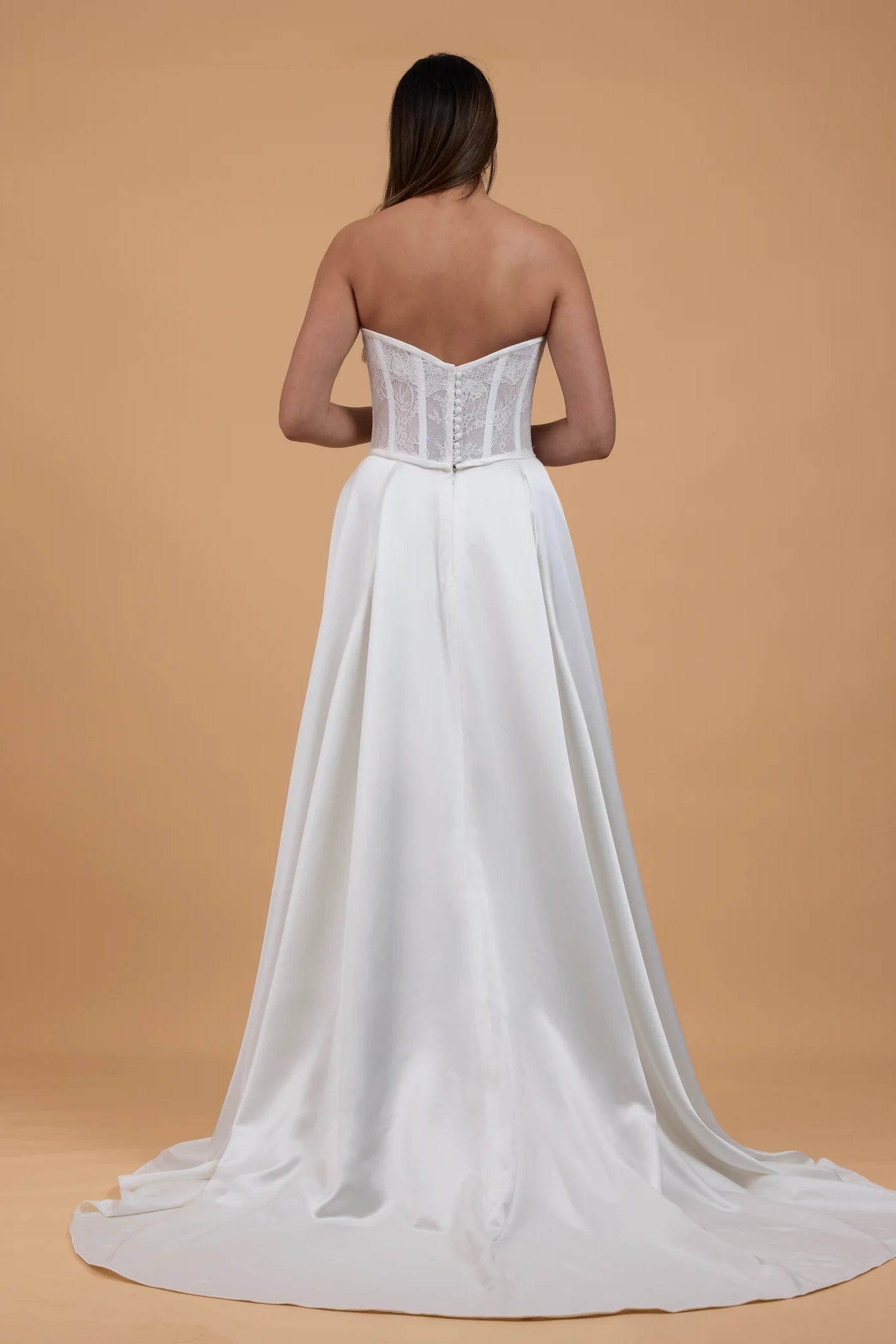 Corston Couture Amy ivory lace, satin, boned bodice, basque waist, a-line wedding gown, pre-loved wedding gown, second-hand wedding gown, sample sample wedding gown